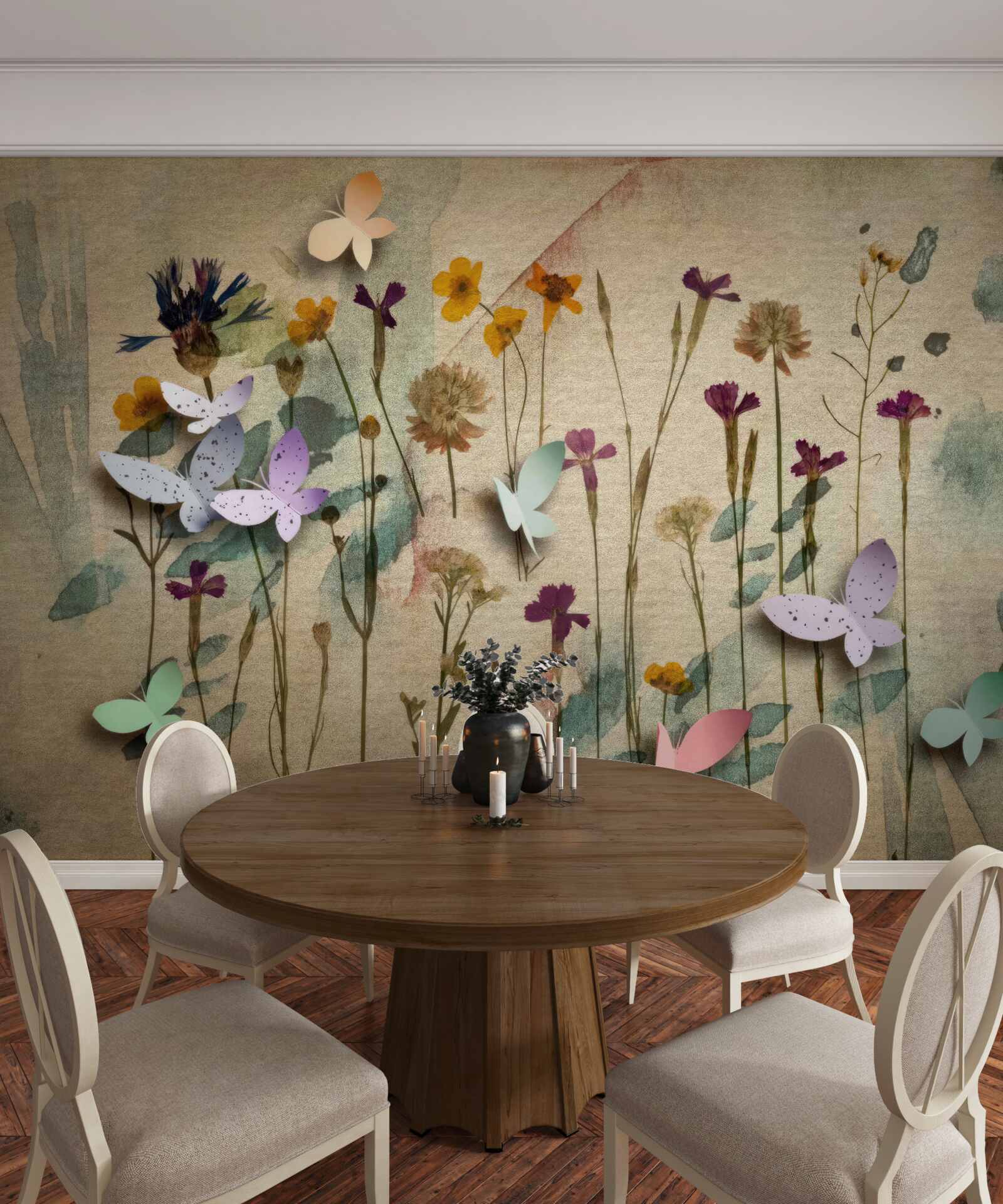 Papier peint grandes fleurs et papillons dans le dessin