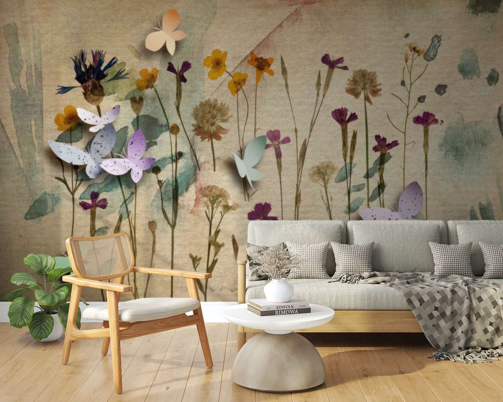 Papier peint grandes fleurs et papillons dans le dessin