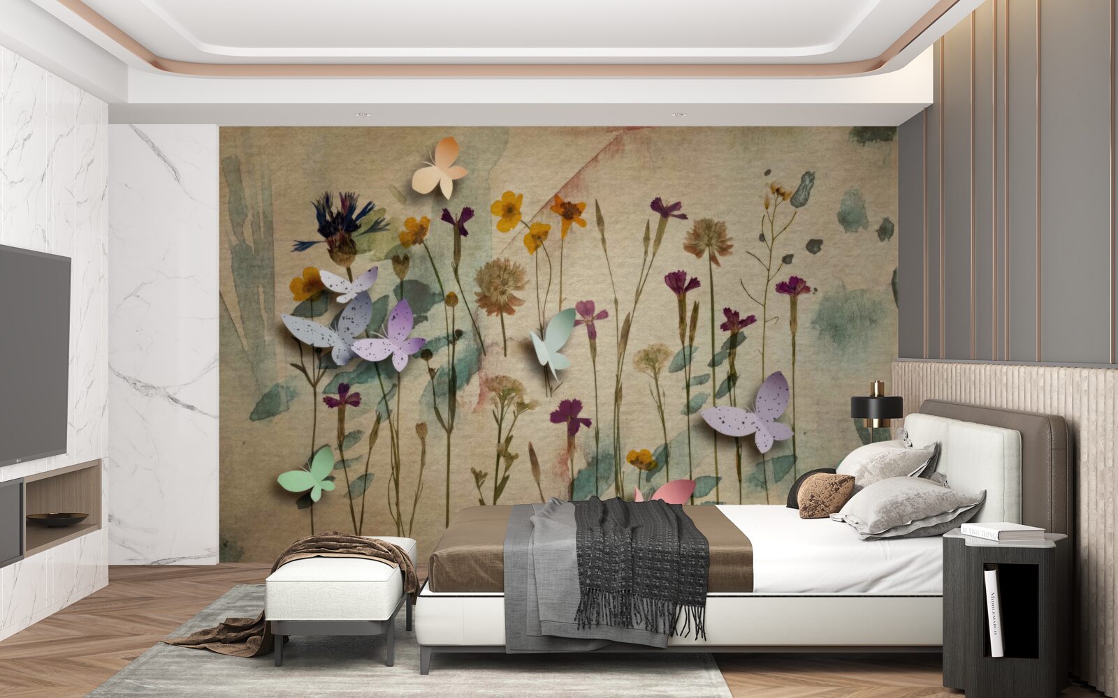 Papier peint grandes fleurs et papillons dans le dessin