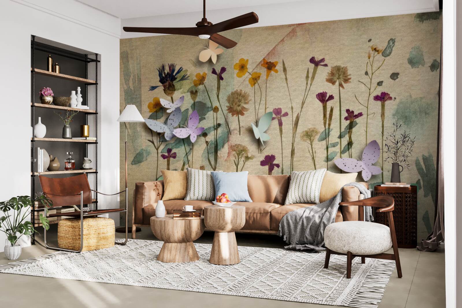 Papier peint grandes fleurs et papillons dans le dessin