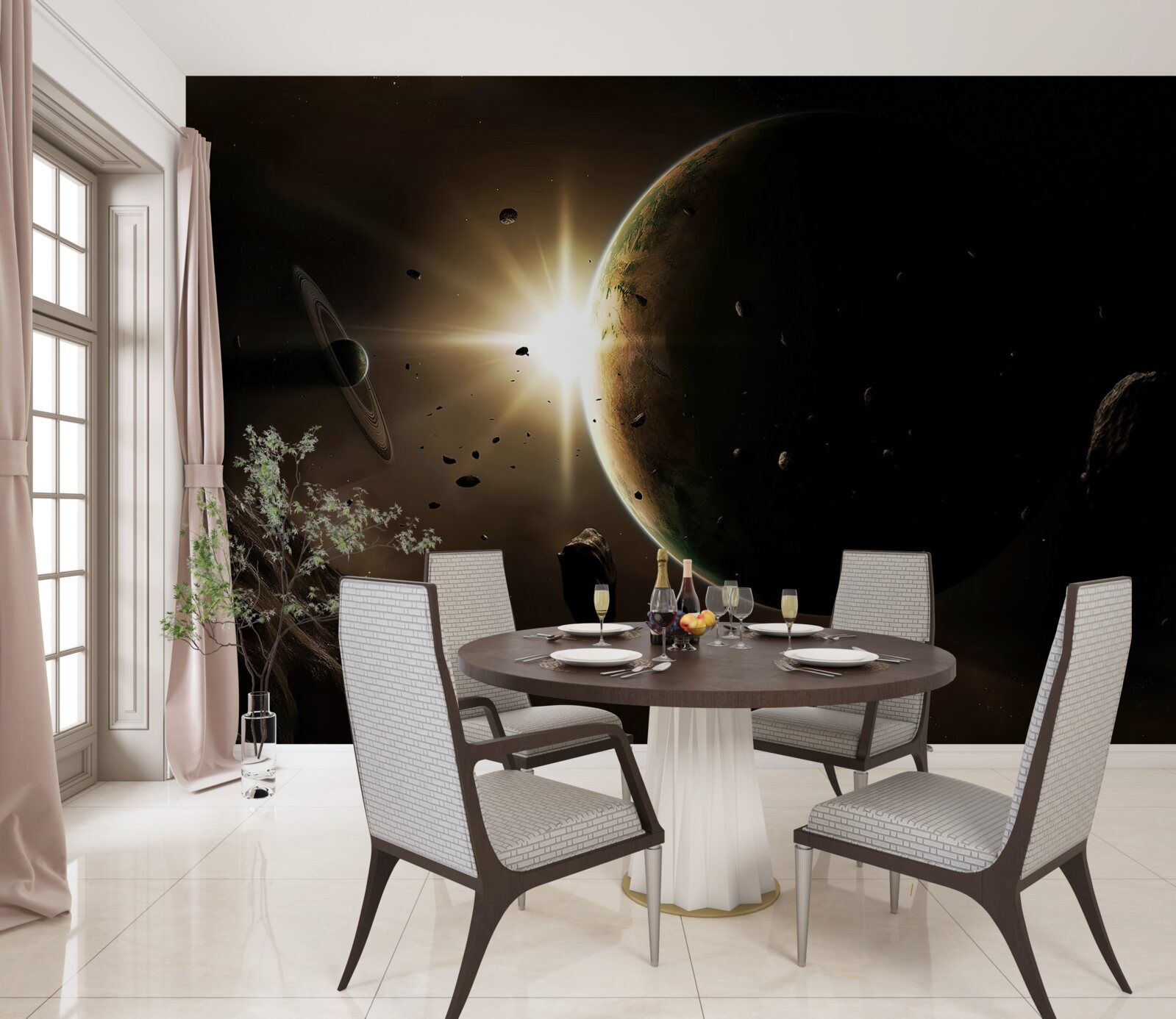 Papier peint des planètes et des comètes qui passent en trombe