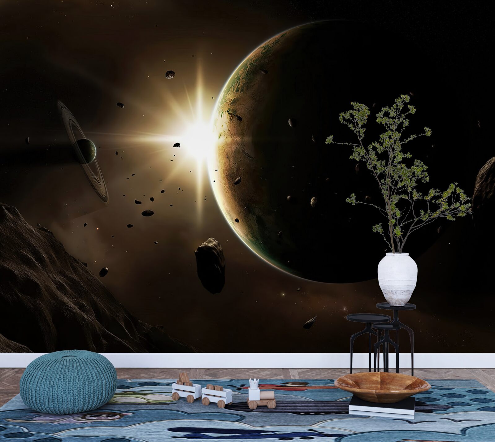 Papier peint des planètes et des comètes qui passent en trombe