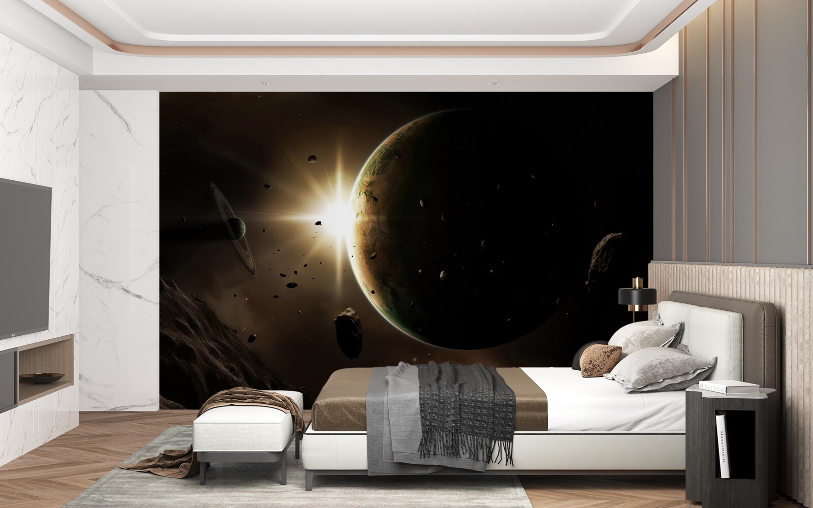 Papier peint des planètes et des comètes qui passent en trombe