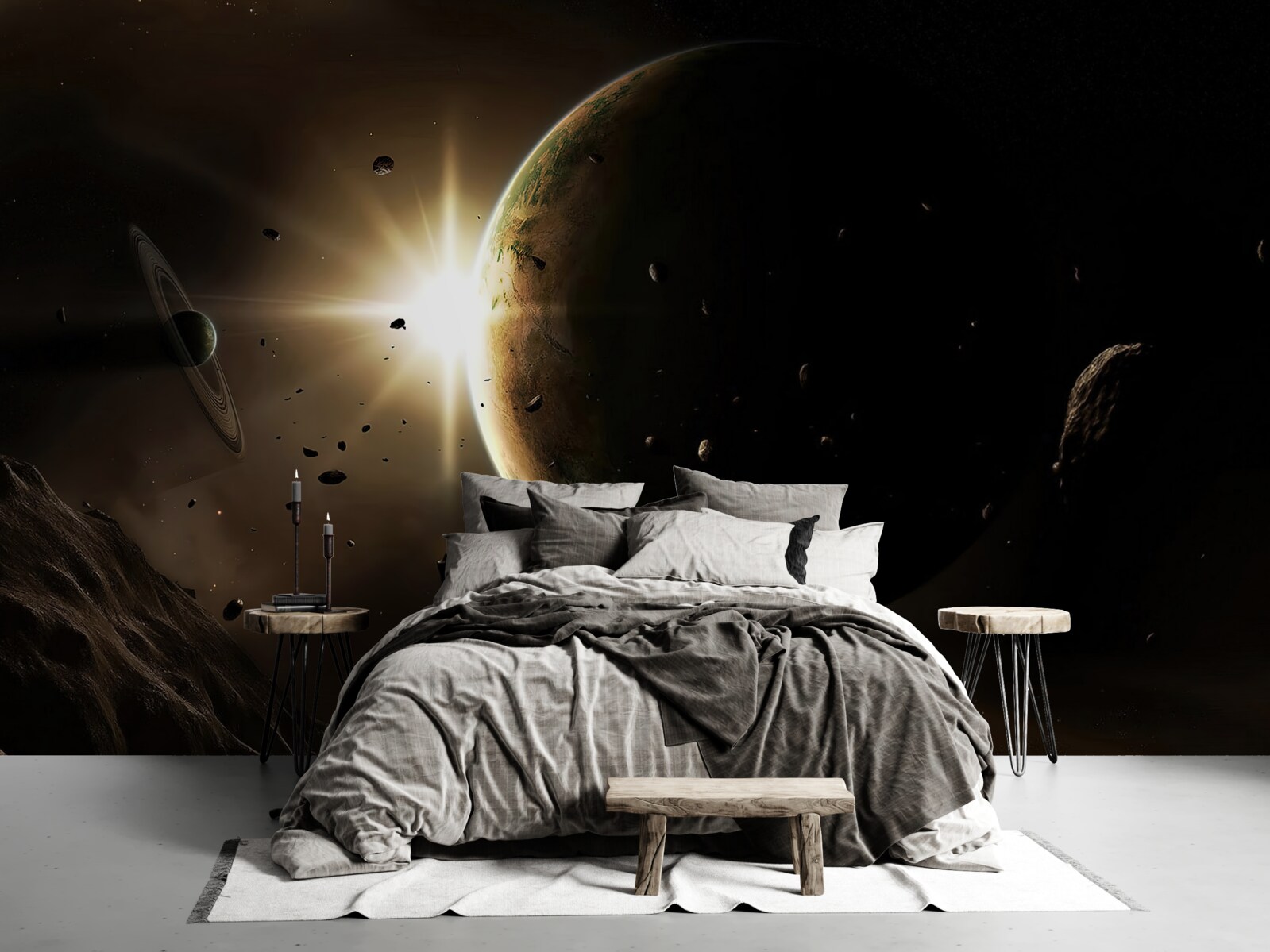 Papier peint des planètes et des comètes qui passent en trombe