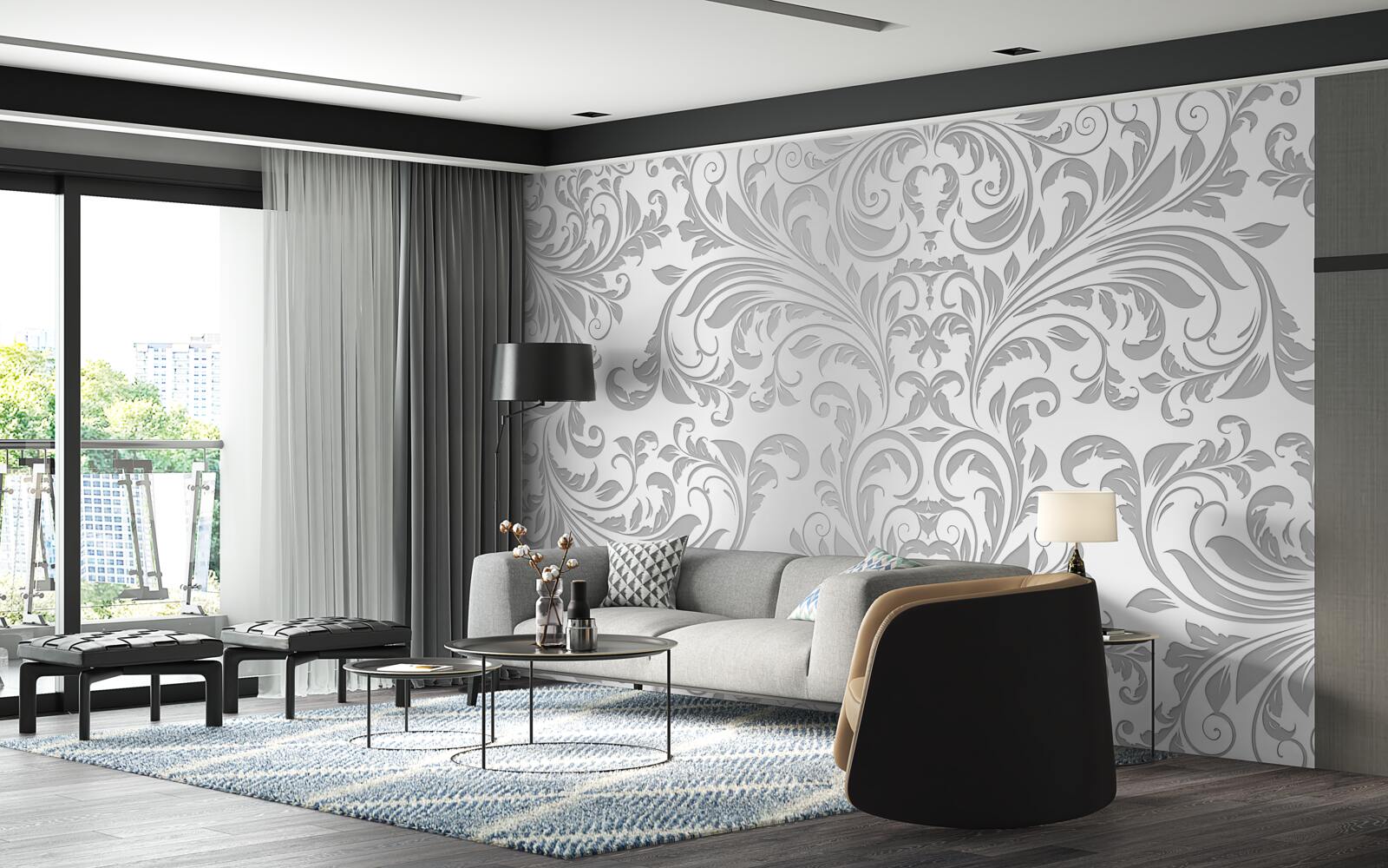 Papier peint Papier peint avec des motifs tourbillonnants gris