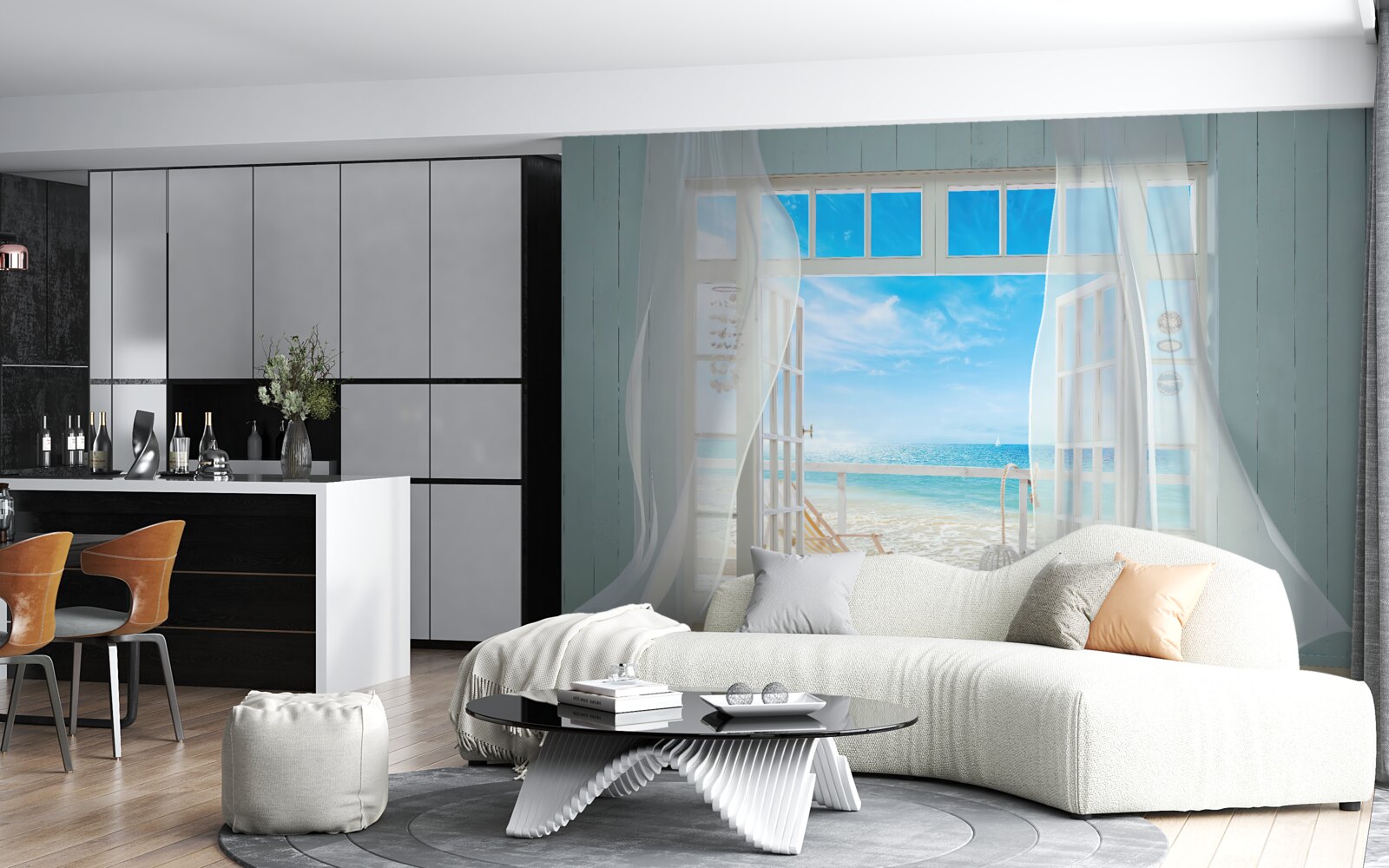 Papier peint rideaux ondulants d'une fenêtre ouverte