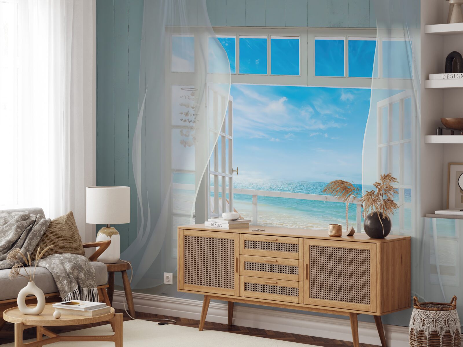 Papier peint rideaux ondulants d'une fenêtre ouverte