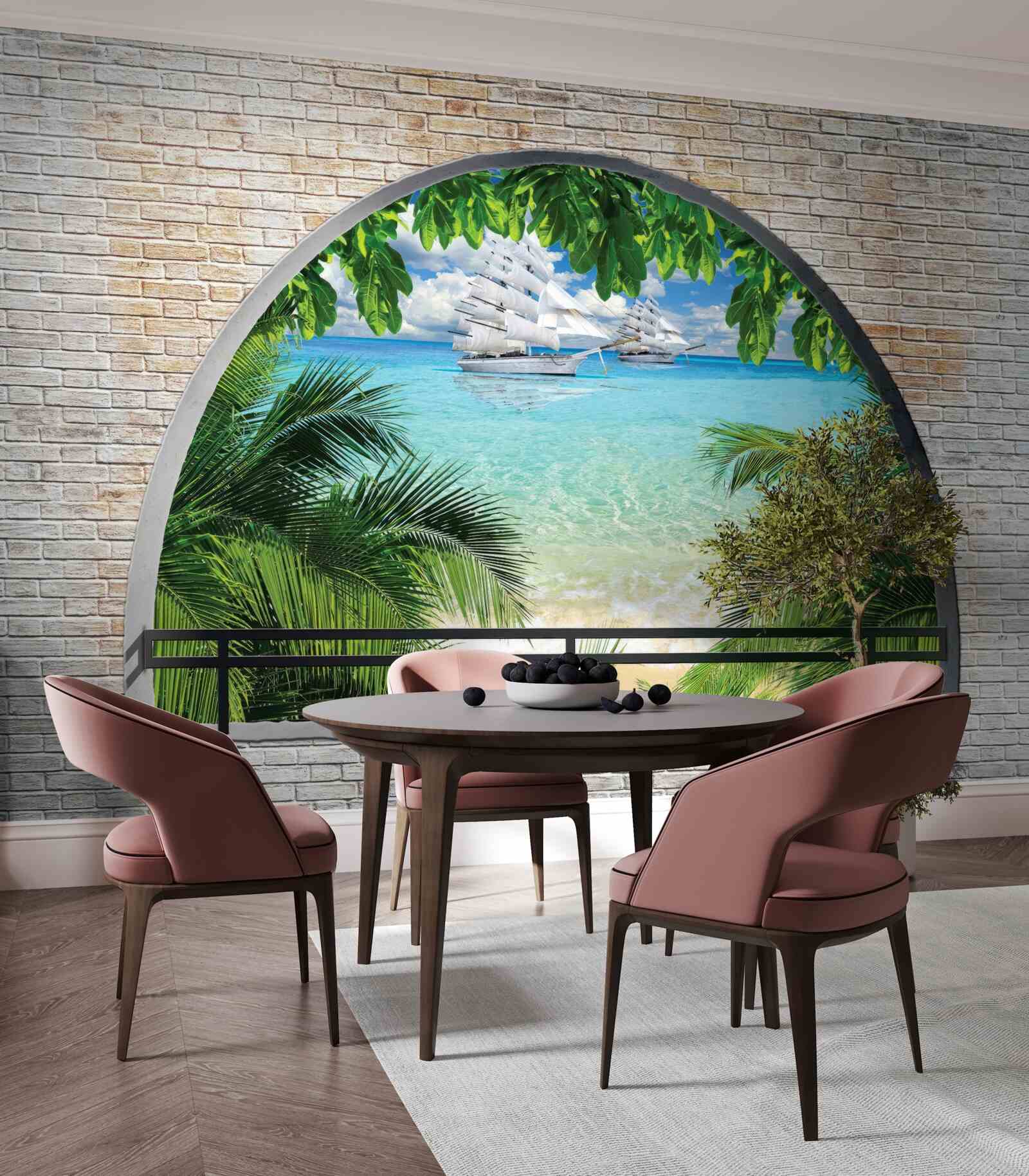 Papier peint une fenêtre dans un mur de briques avec vue sur la mer et les yachts aux voiles blanches comme neige