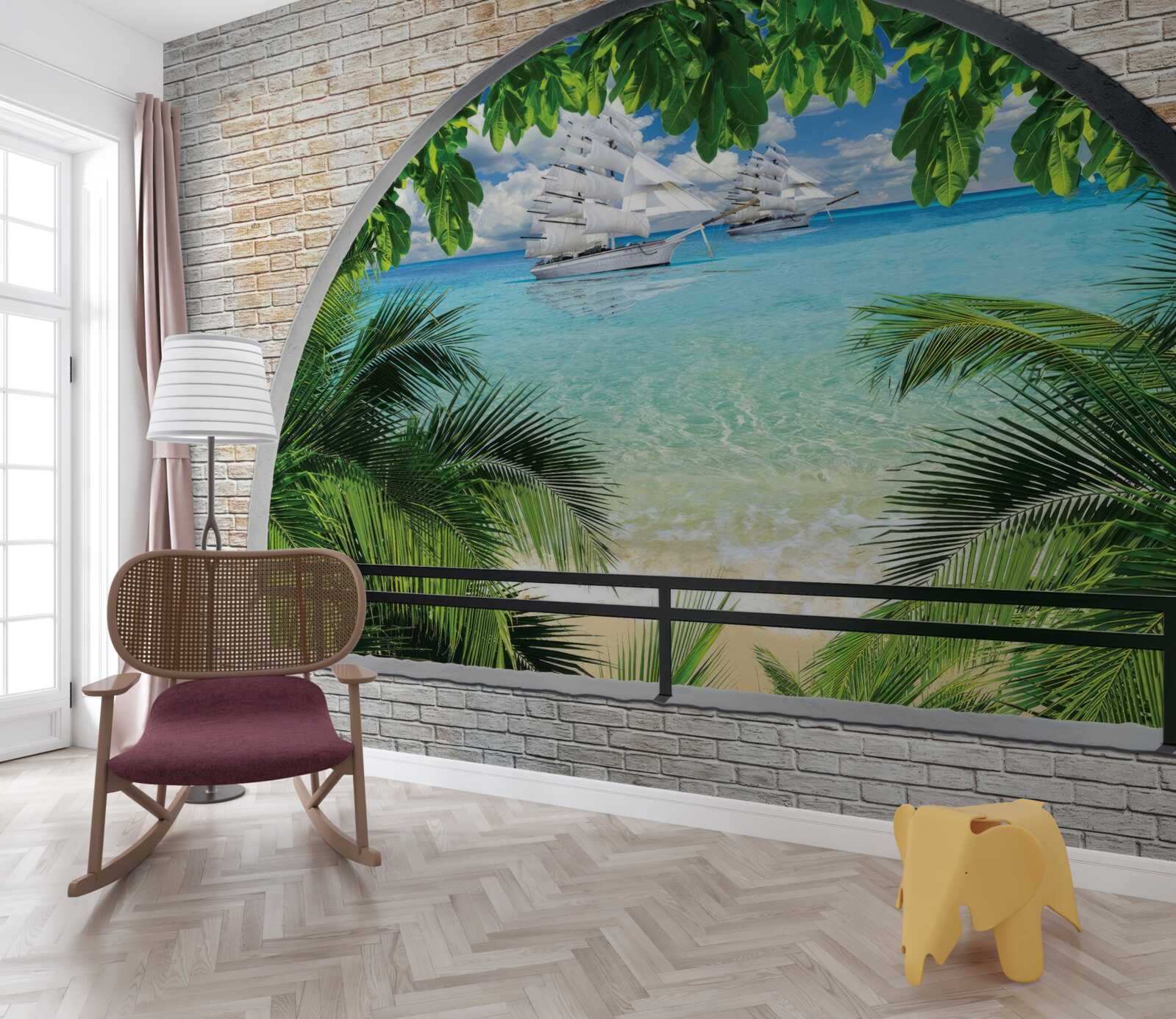 Papier peint une fenêtre dans un mur de briques avec vue sur la mer et les yachts aux voiles blanches comme neige