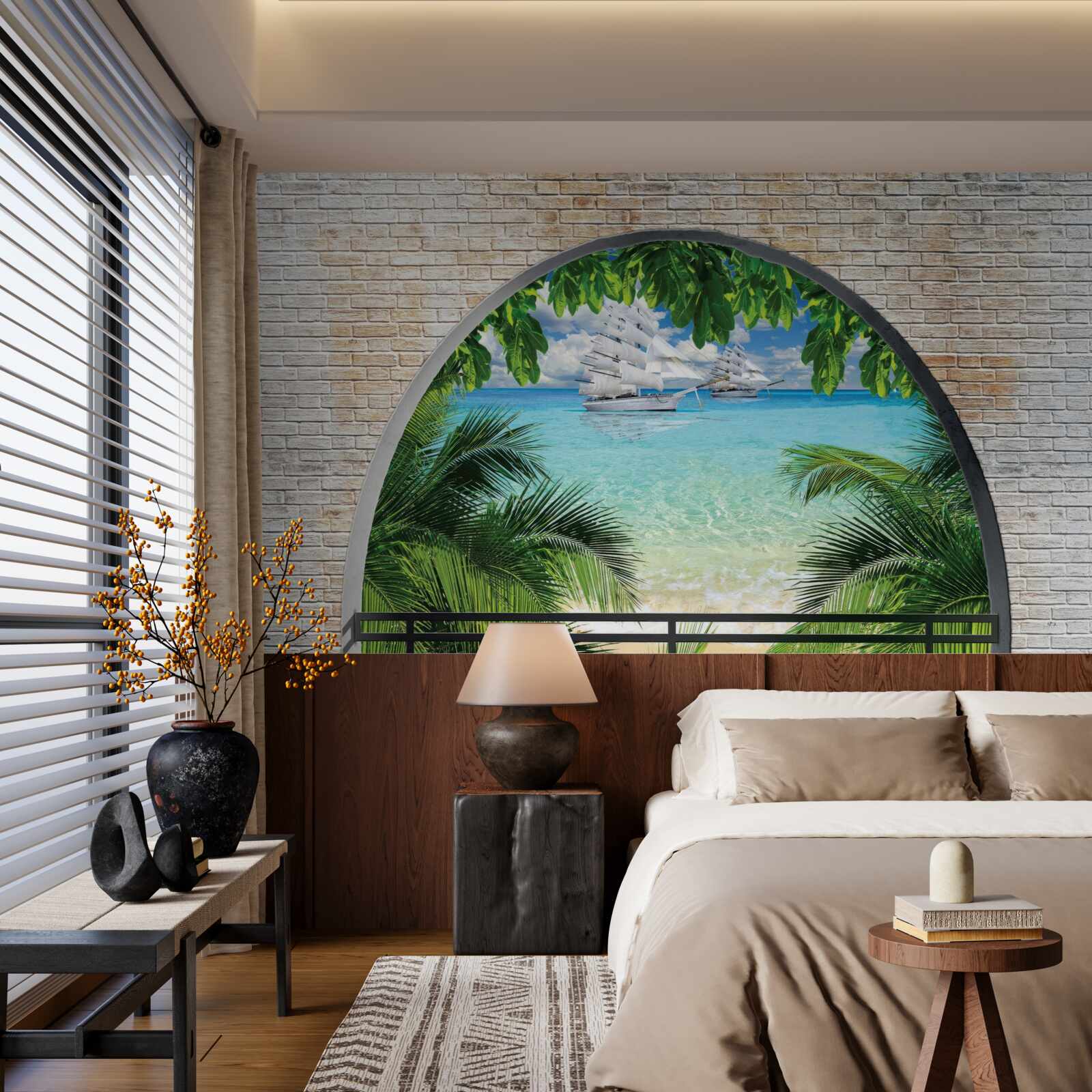 Papier peint une fenêtre dans un mur de briques avec vue sur la mer et les yachts aux voiles blanches comme neige