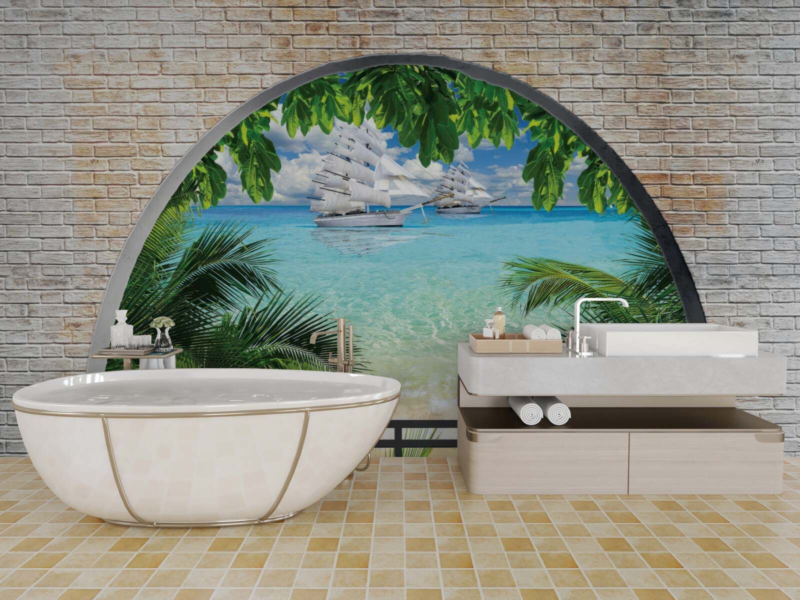 Papier peint une fenêtre dans un mur de briques avec vue sur la mer et les yachts aux voiles blanches comme neige