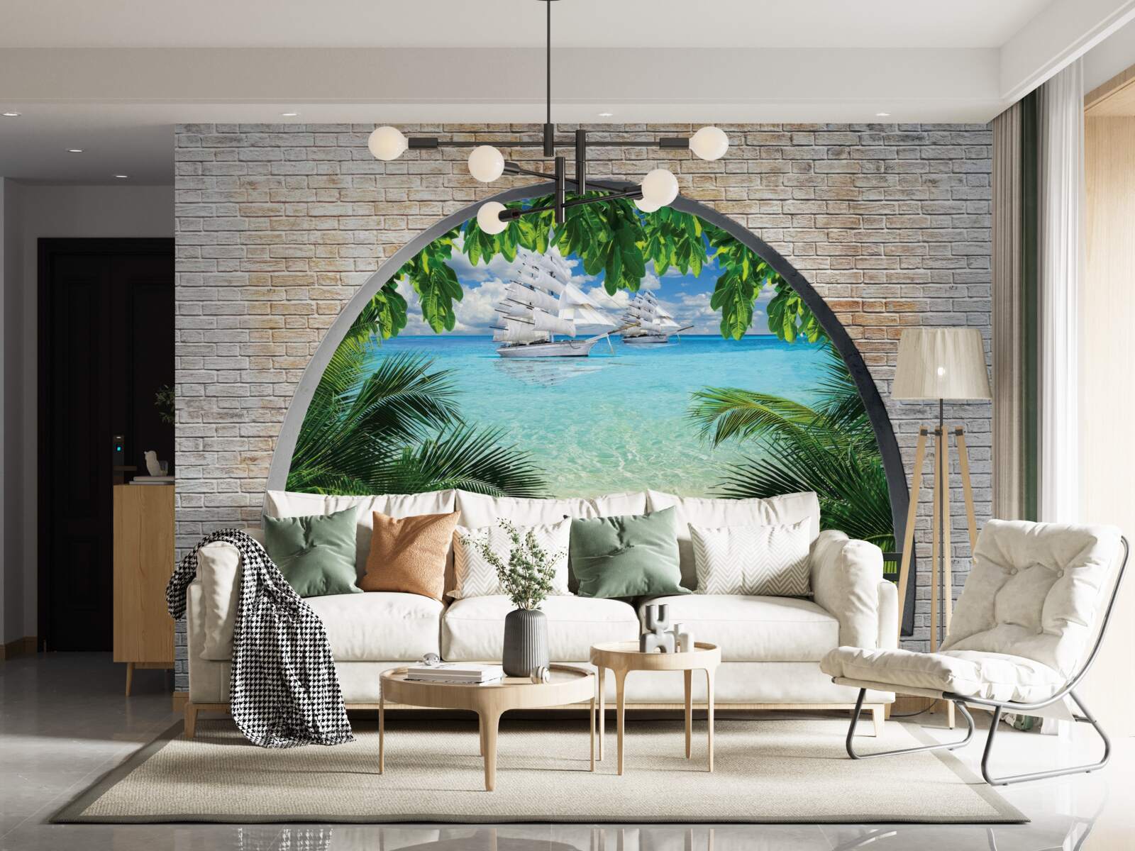 Papier peint une fenêtre dans un mur de briques avec vue sur la mer et les yachts aux voiles blanches comme neige