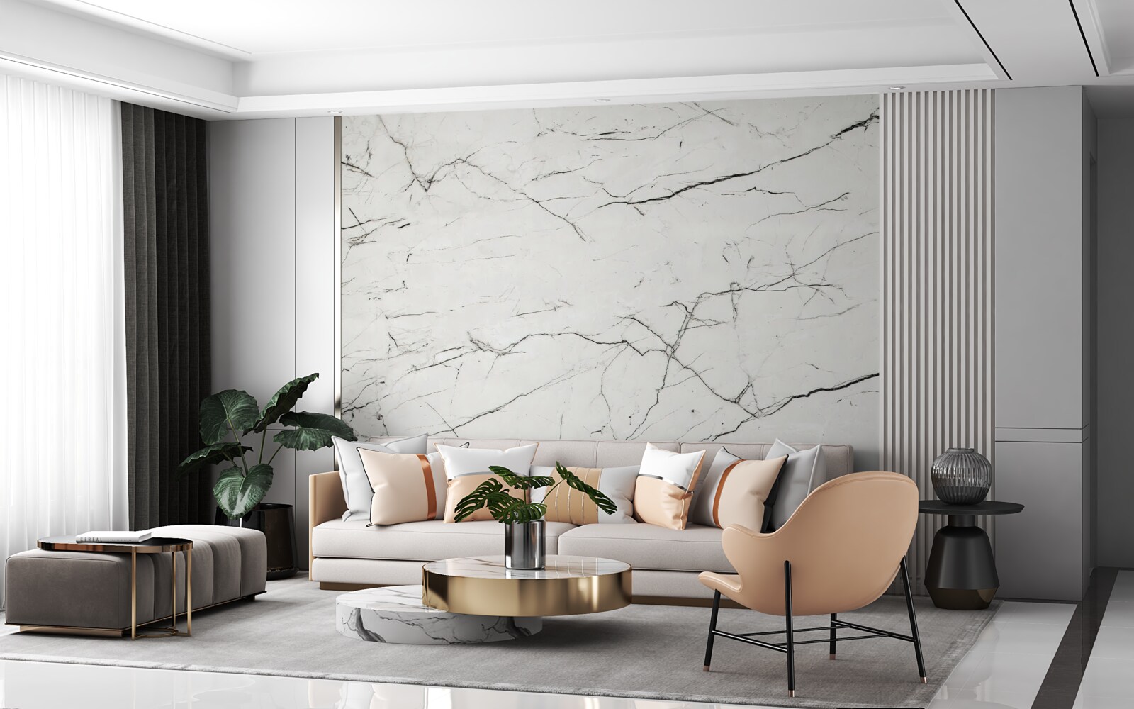 Papier peint marbre blanc avec de fines veines foncées