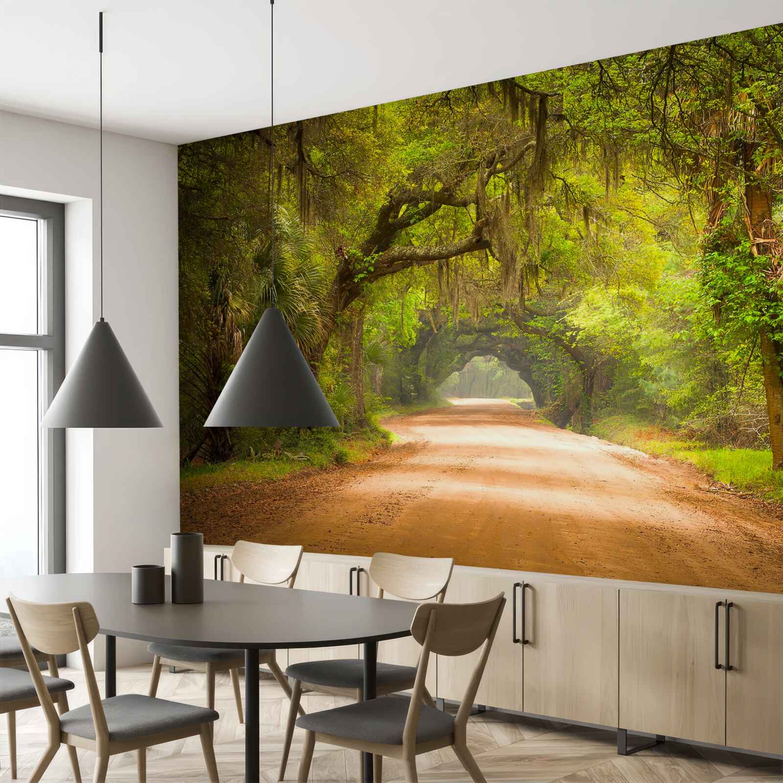 Papier peint piste spacieuse entourée de feuillage vert