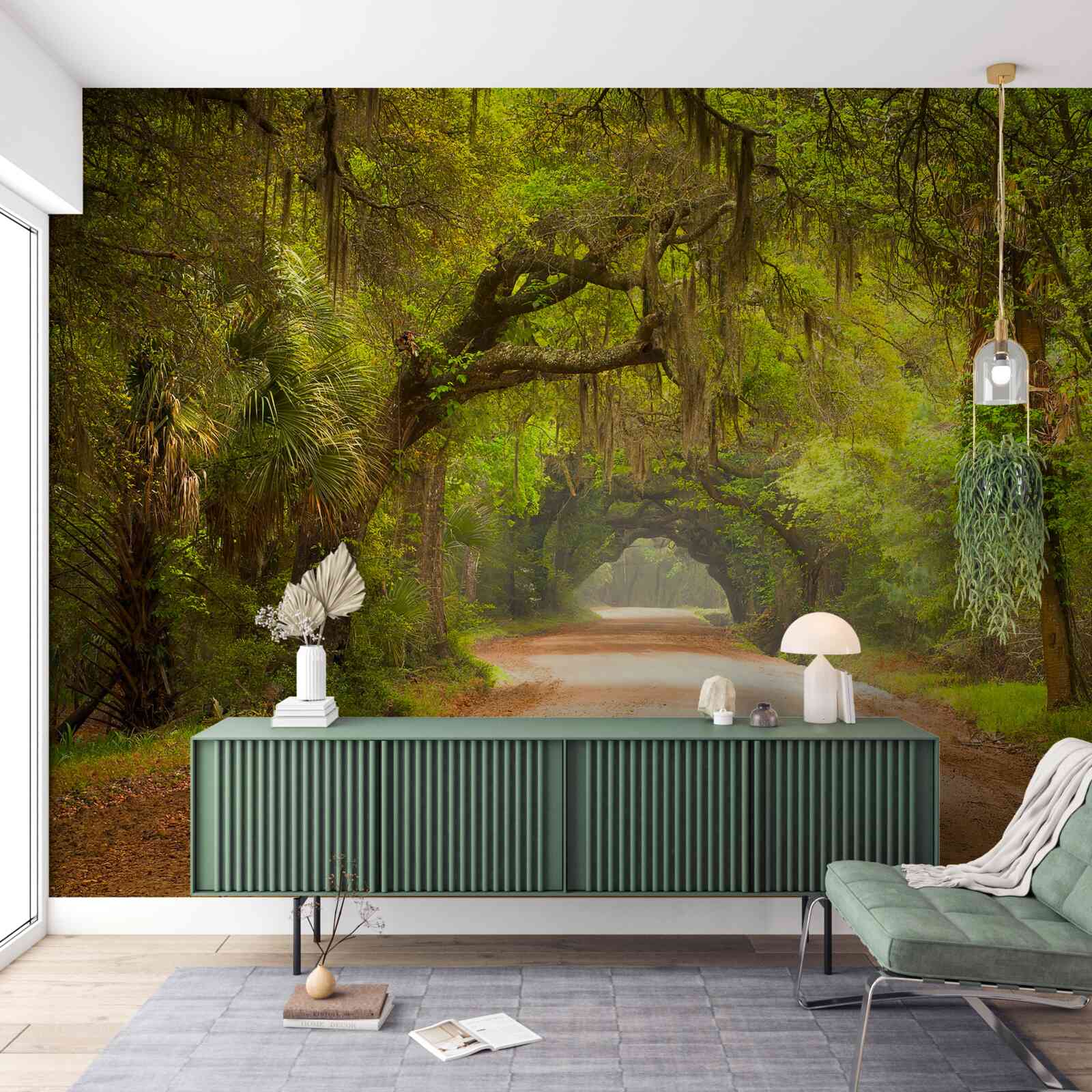 Papier peint piste spacieuse entourée de feuillage vert