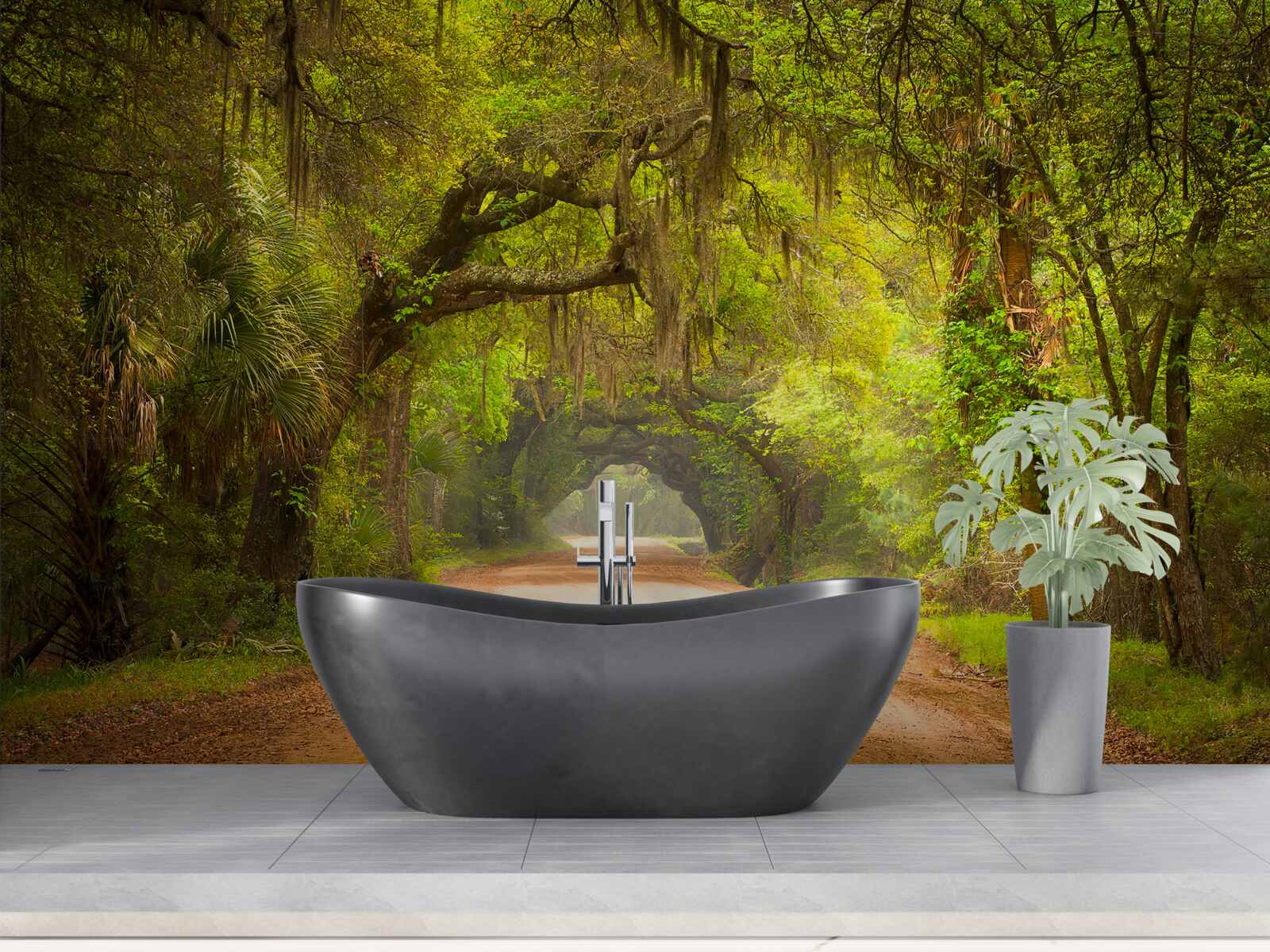 Papier peint piste spacieuse entourée de feuillage vert