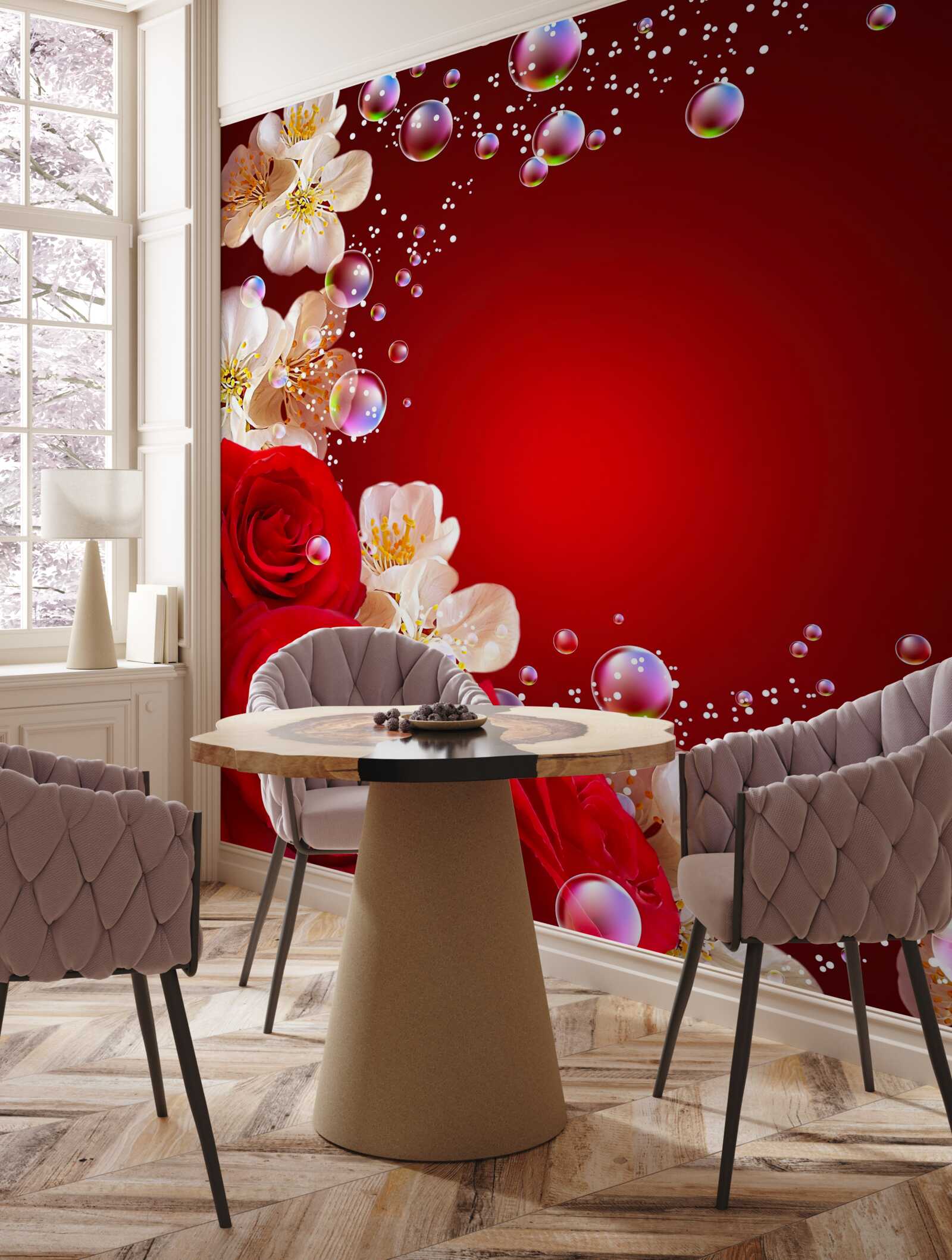 Papier peint fleurs blanches et roses rouges sur fond marron