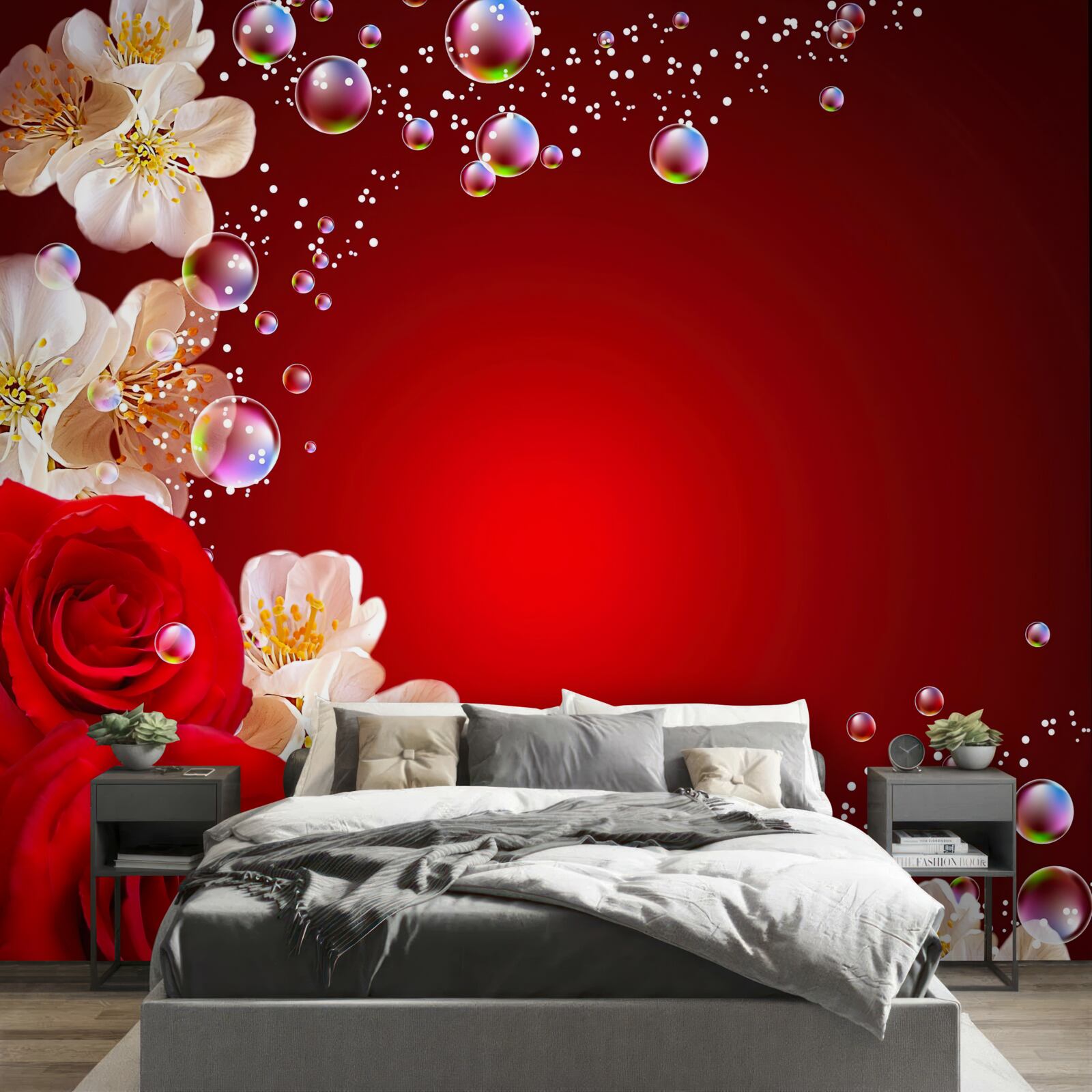 Papier peint fleurs blanches et roses rouges sur fond marron