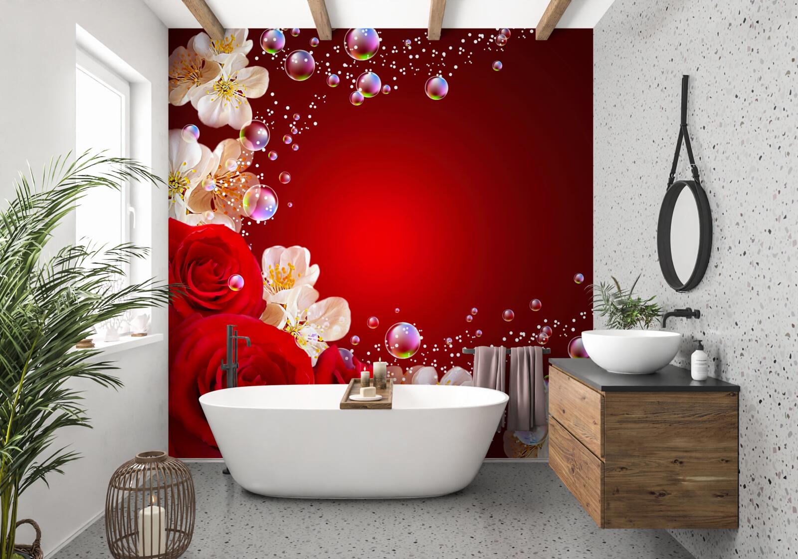 Papier peint fleurs blanches et roses rouges sur fond marron