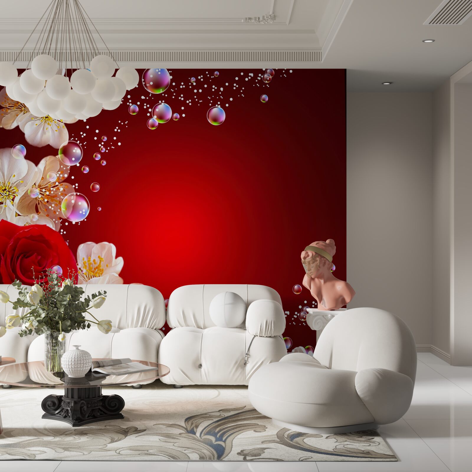 Papier peint fleurs blanches et roses rouges sur fond marron