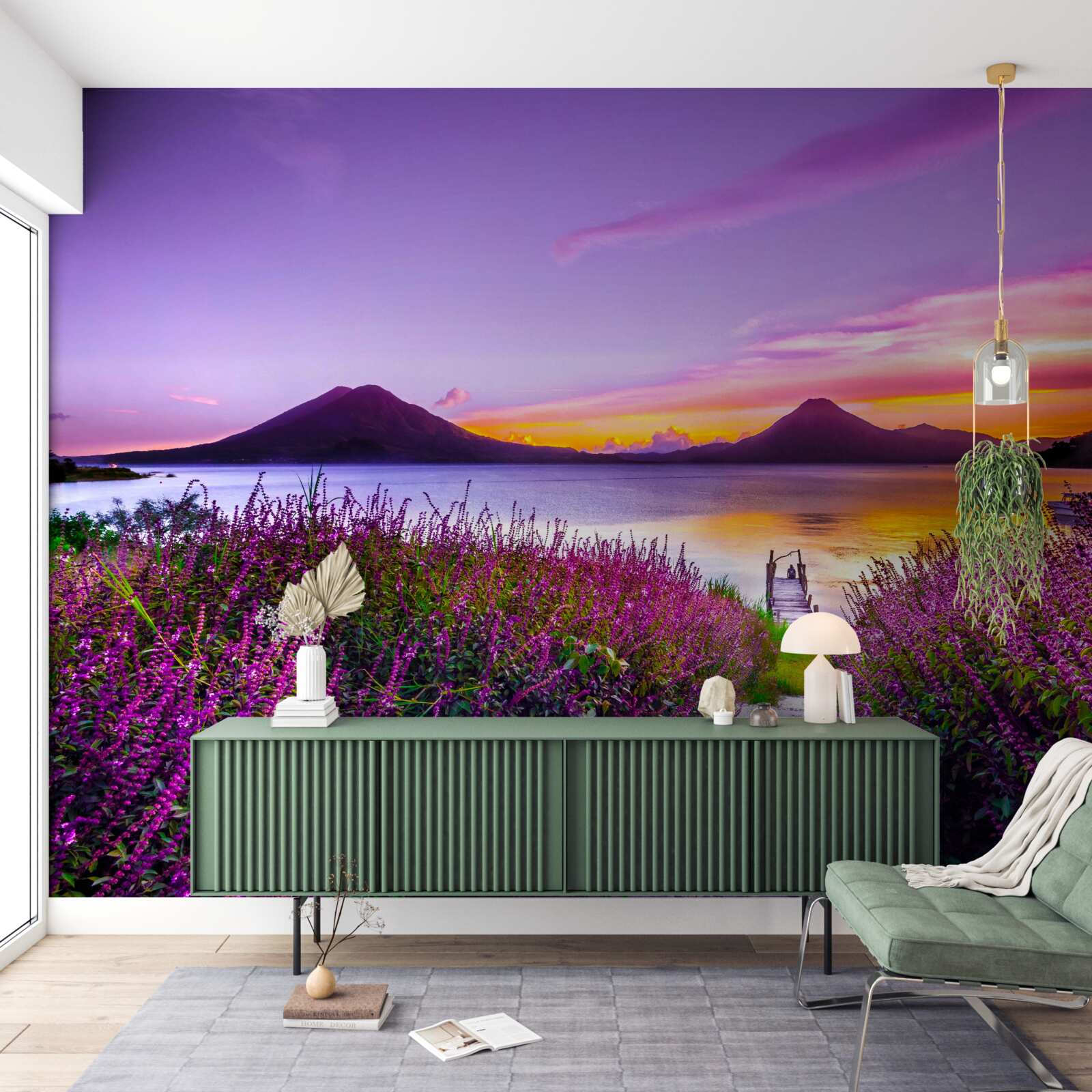 Papier peint sentier entouré de buissons de lavande