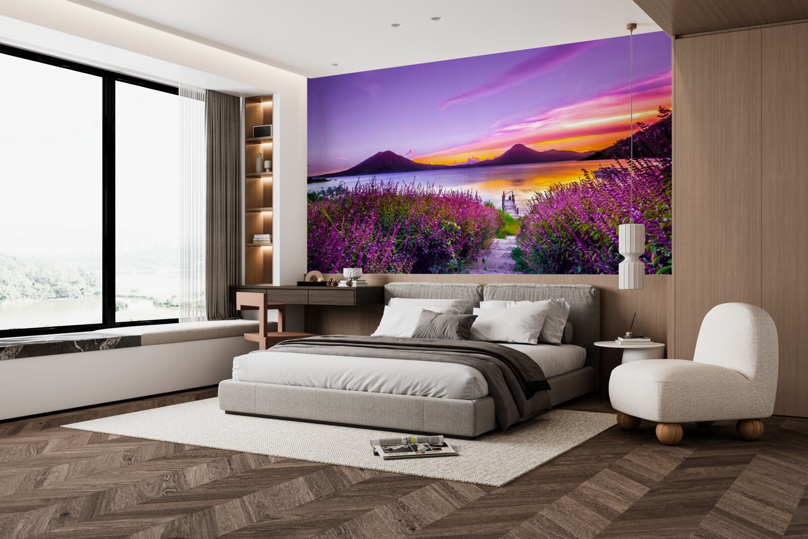 Papier peint sentier entouré de buissons de lavande