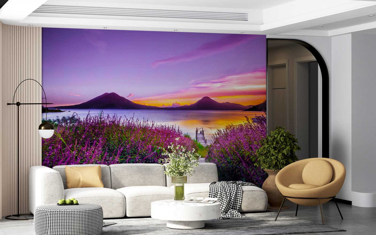 Papier peint sentier entouré de buissons de lavande