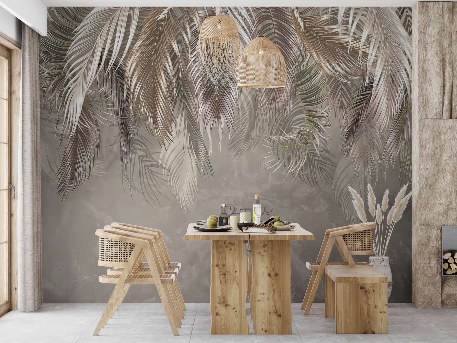 Papier peint feuilles étroites et larges, en cascade