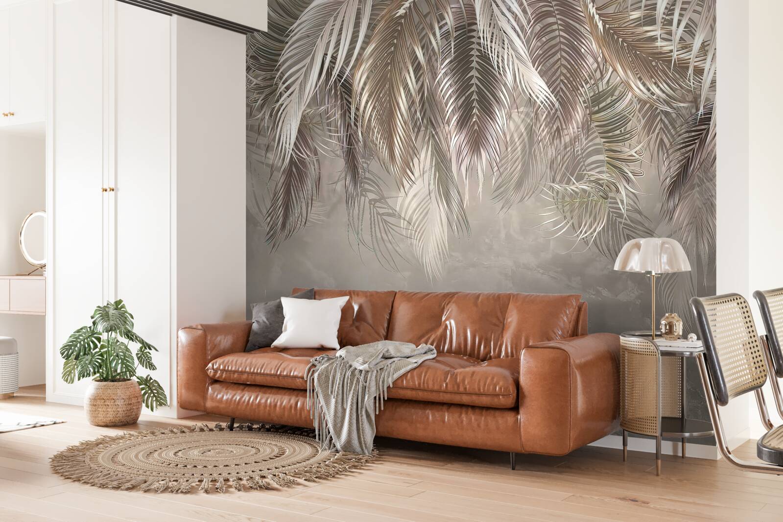 Papier peint feuilles étroites et larges, en cascade