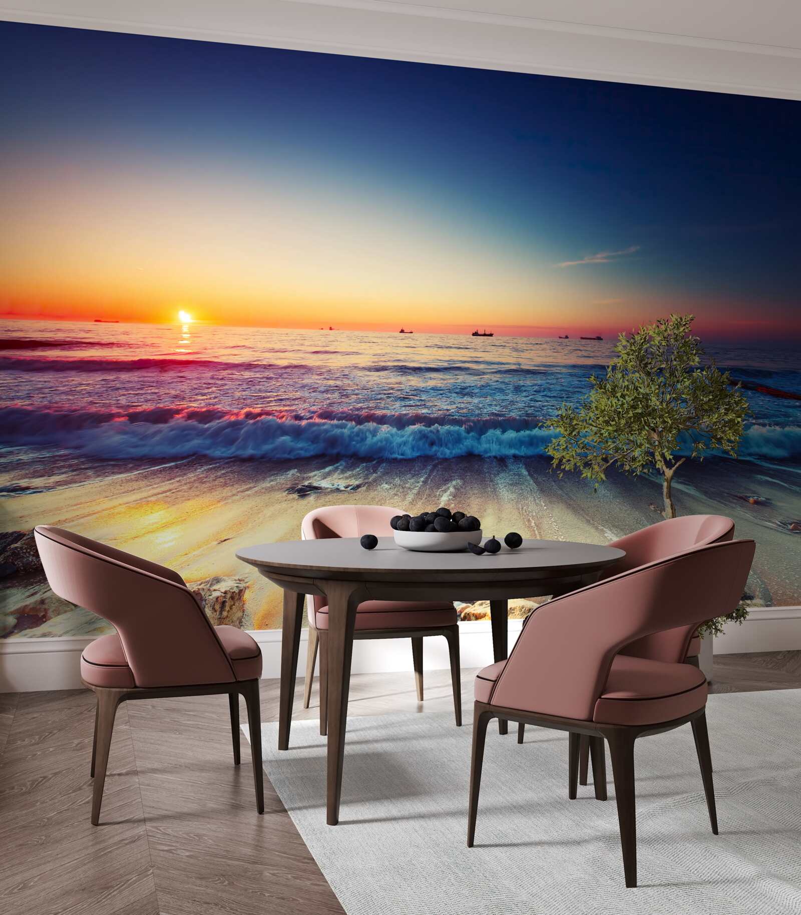 Papier peint tempête de mer sur fond de coucher de soleil