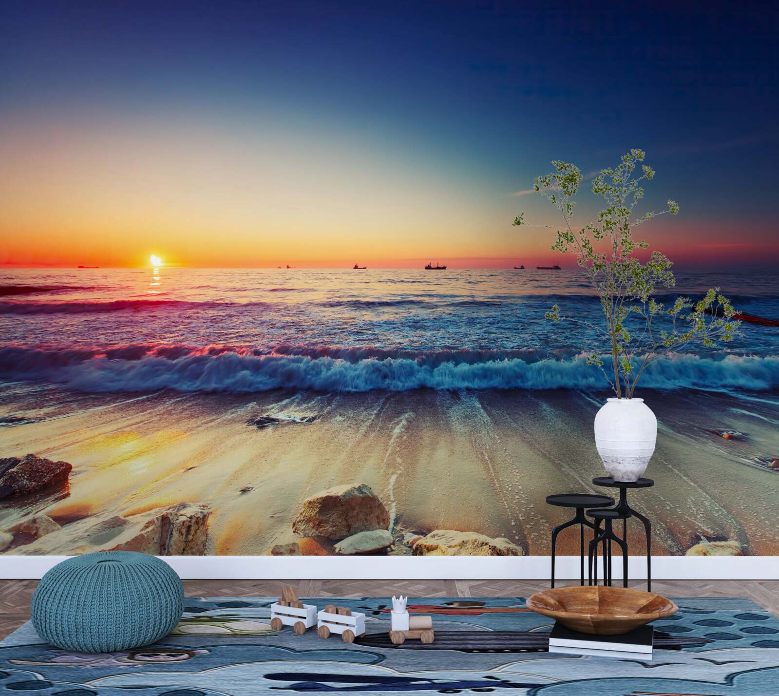 Papier peint tempête de mer sur fond de coucher de soleil