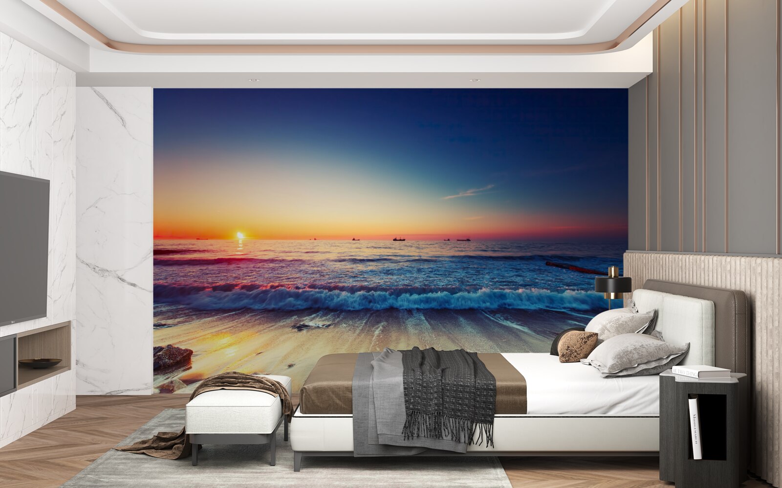 Papier peint tempête de mer sur fond de coucher de soleil