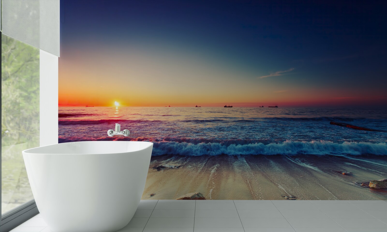 Papier peint tempête de mer sur fond de coucher de soleil