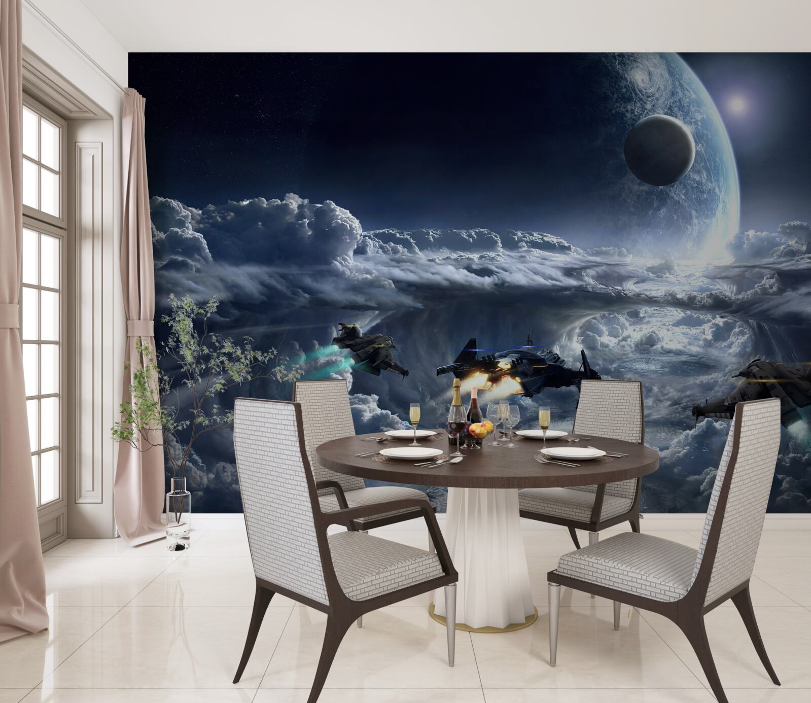 Papier peint nuages denses sur fond de grande planète