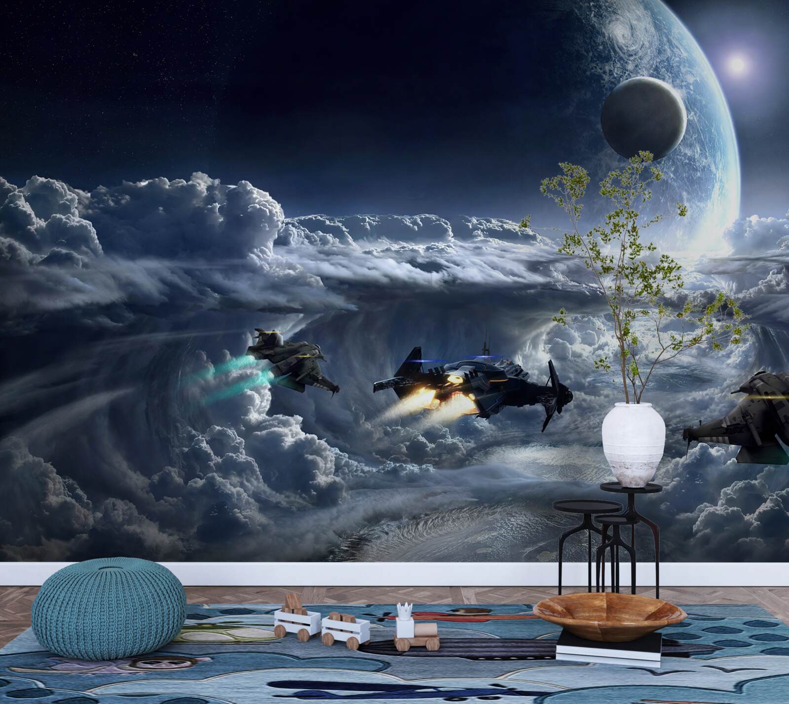 Papier peint nuages denses sur fond de grande planète