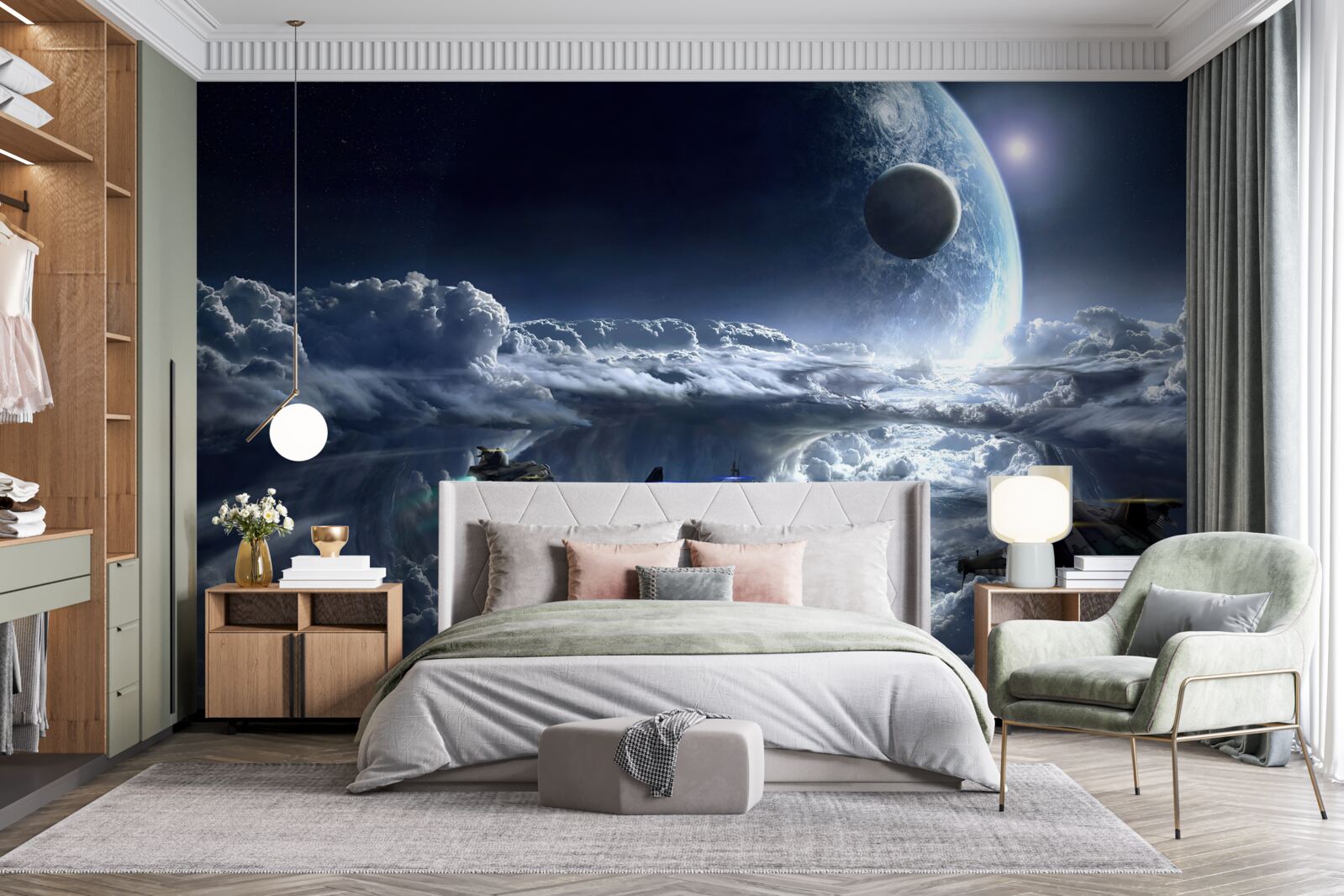 Papier peint nuages denses sur fond de grande planète