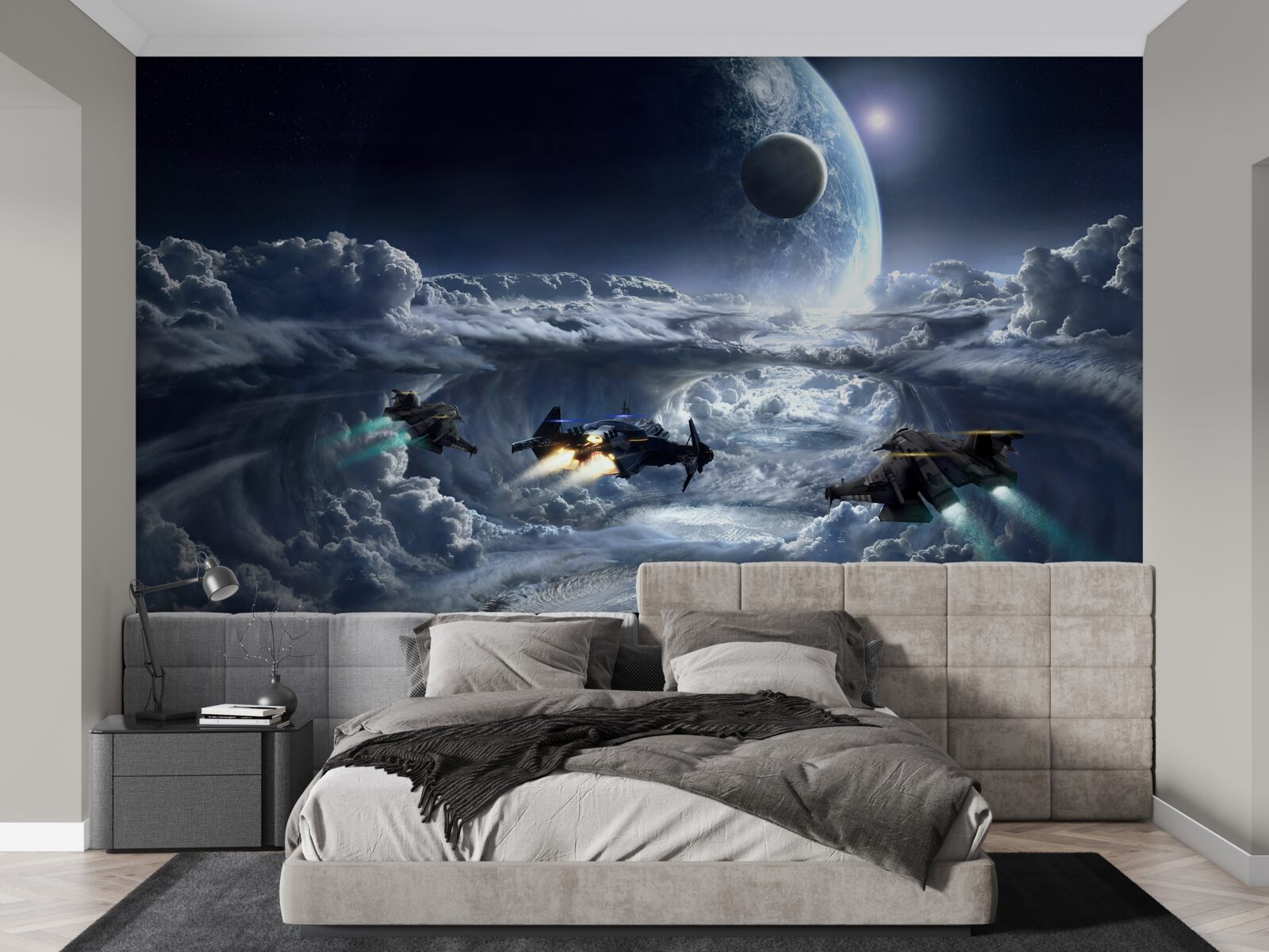 Papier peint nuages denses sur fond de grande planète