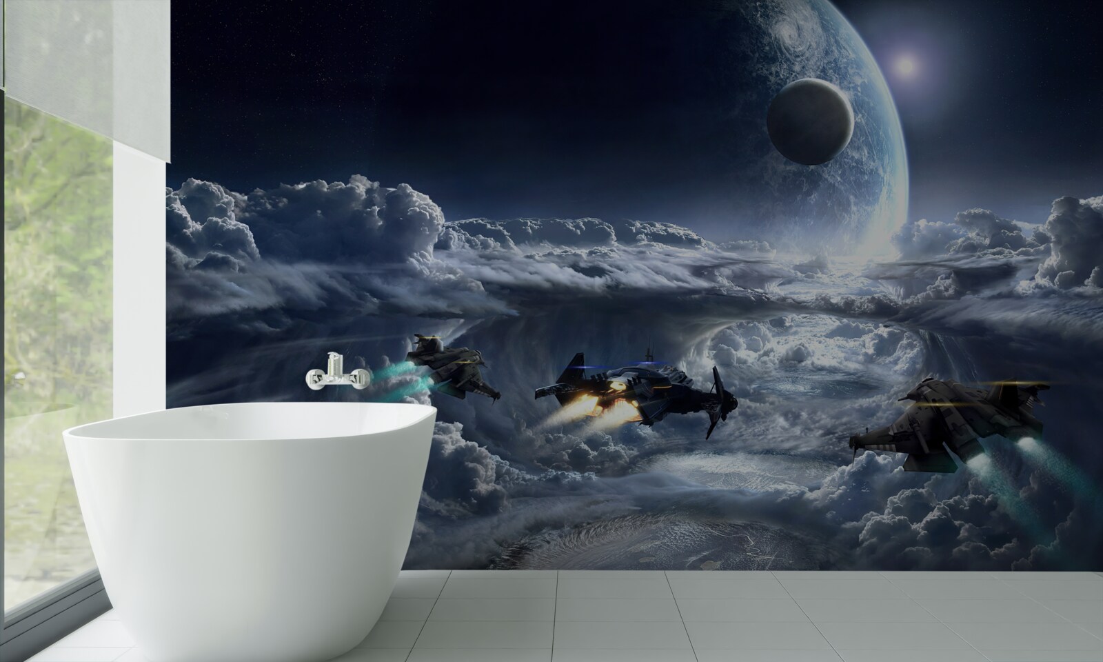 Papier peint nuages denses sur fond de grande planète