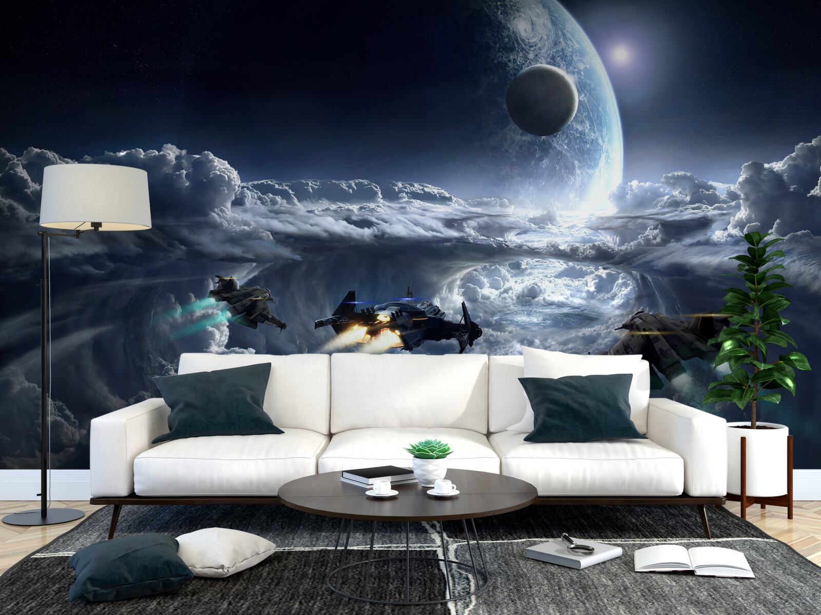 Papier peint nuages denses sur fond de grande planète