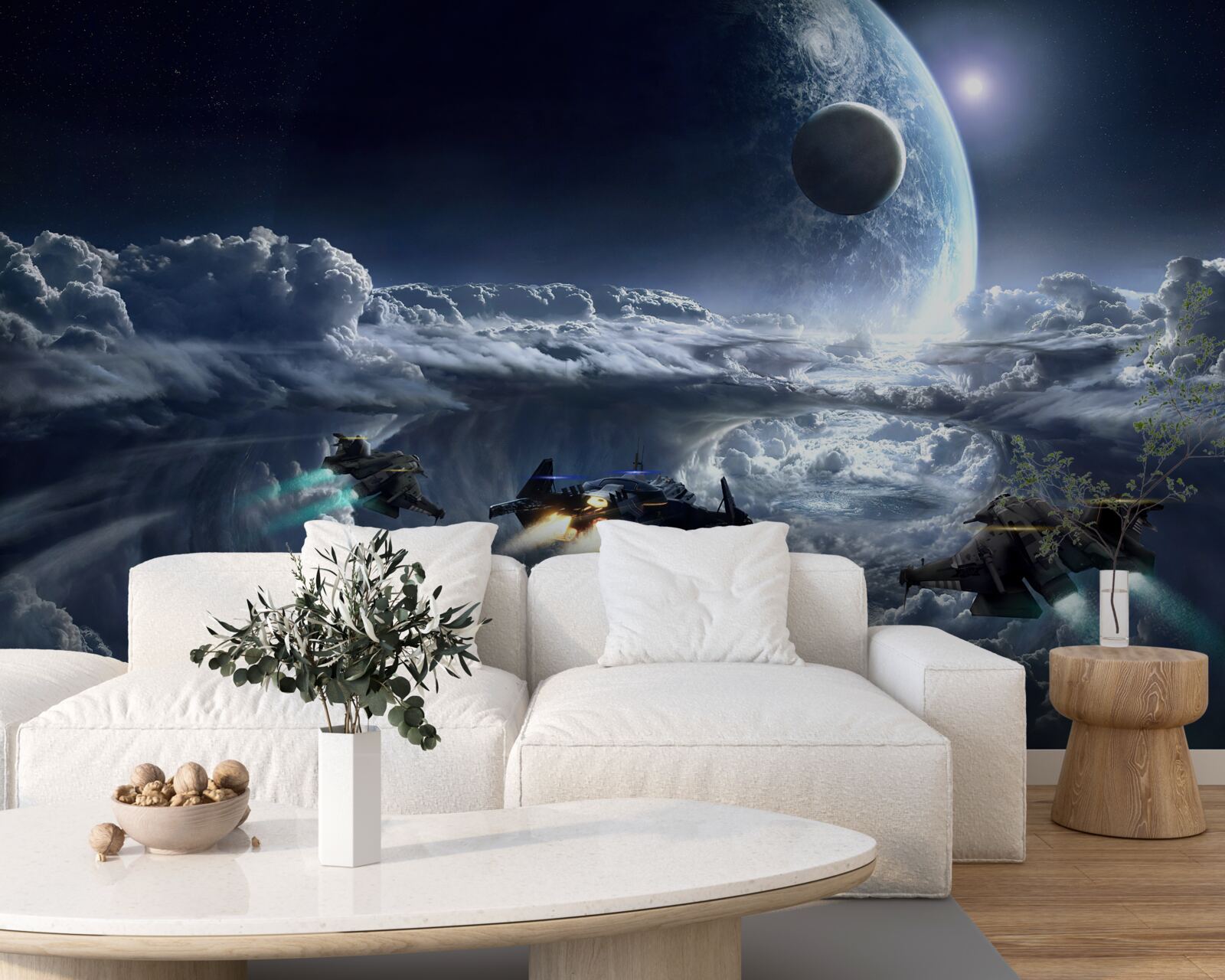 Papier peint nuages denses sur fond de grande planète