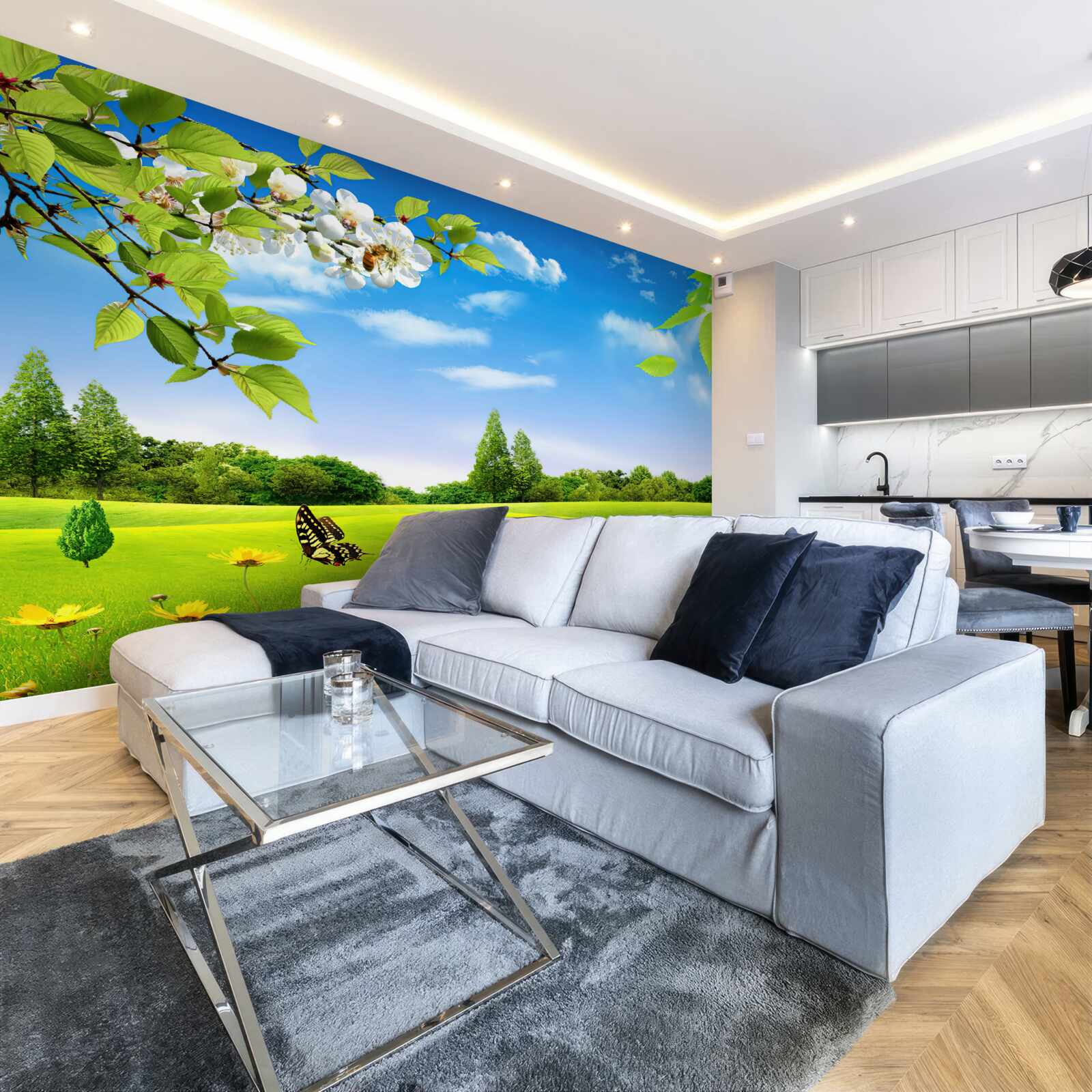 Papier peint pelouse verte et papillon