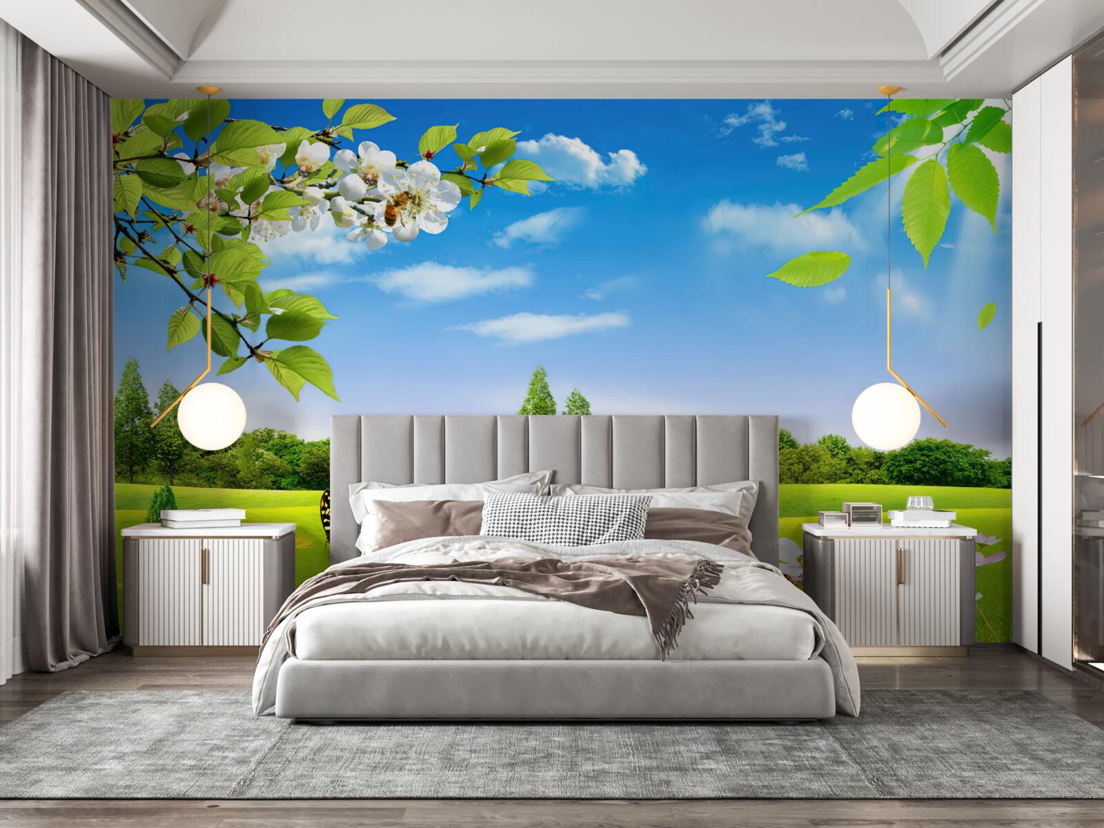 Papier peint pelouse verte et papillon