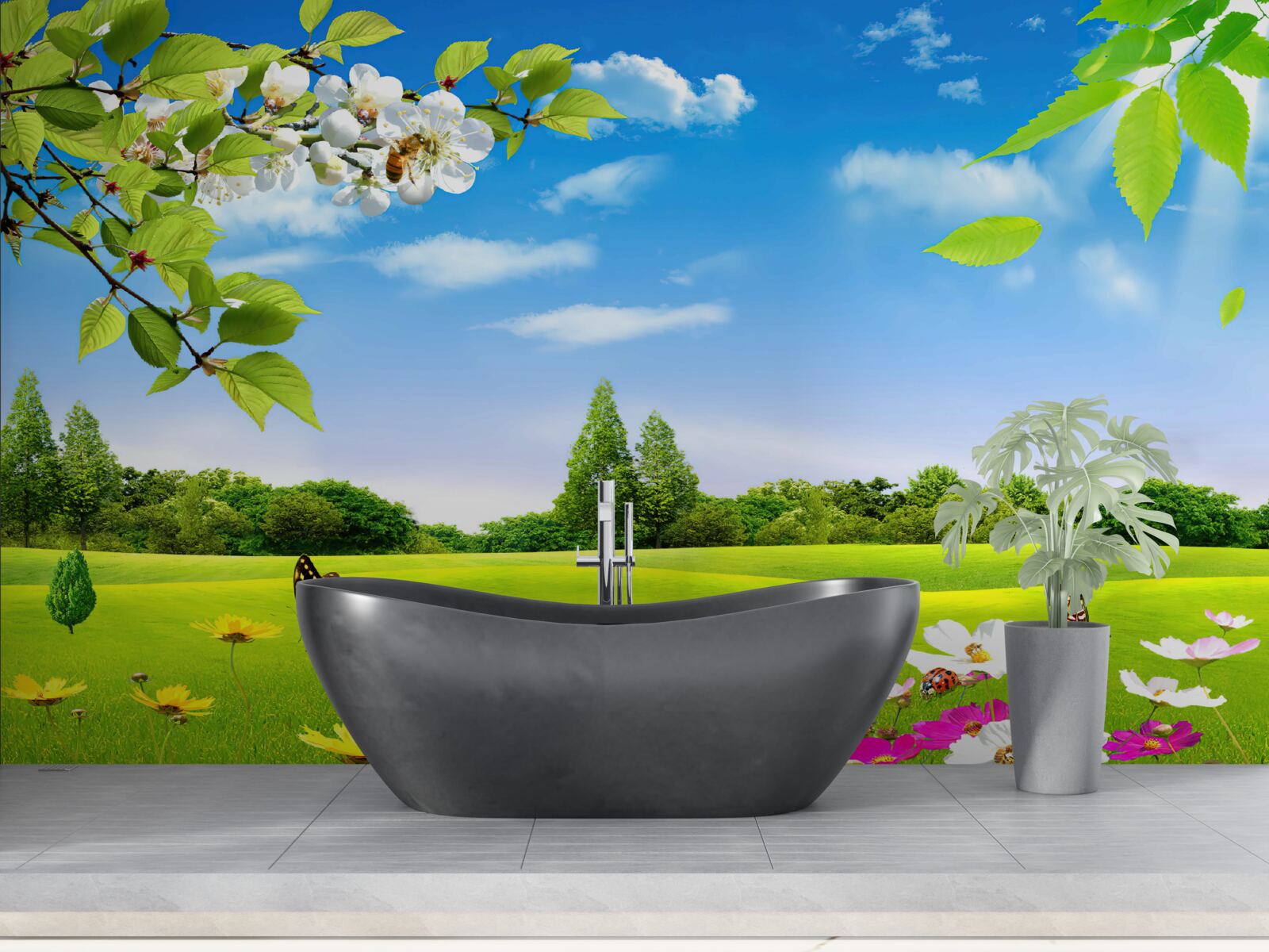 Papier peint pelouse verte et papillon