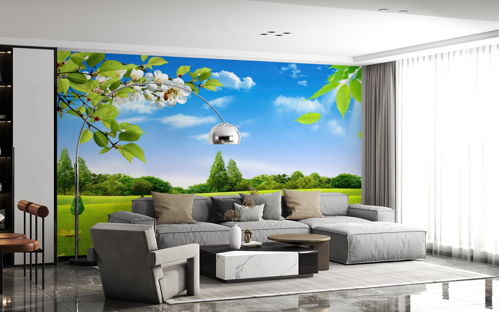 Papier peint pelouse verte et papillon