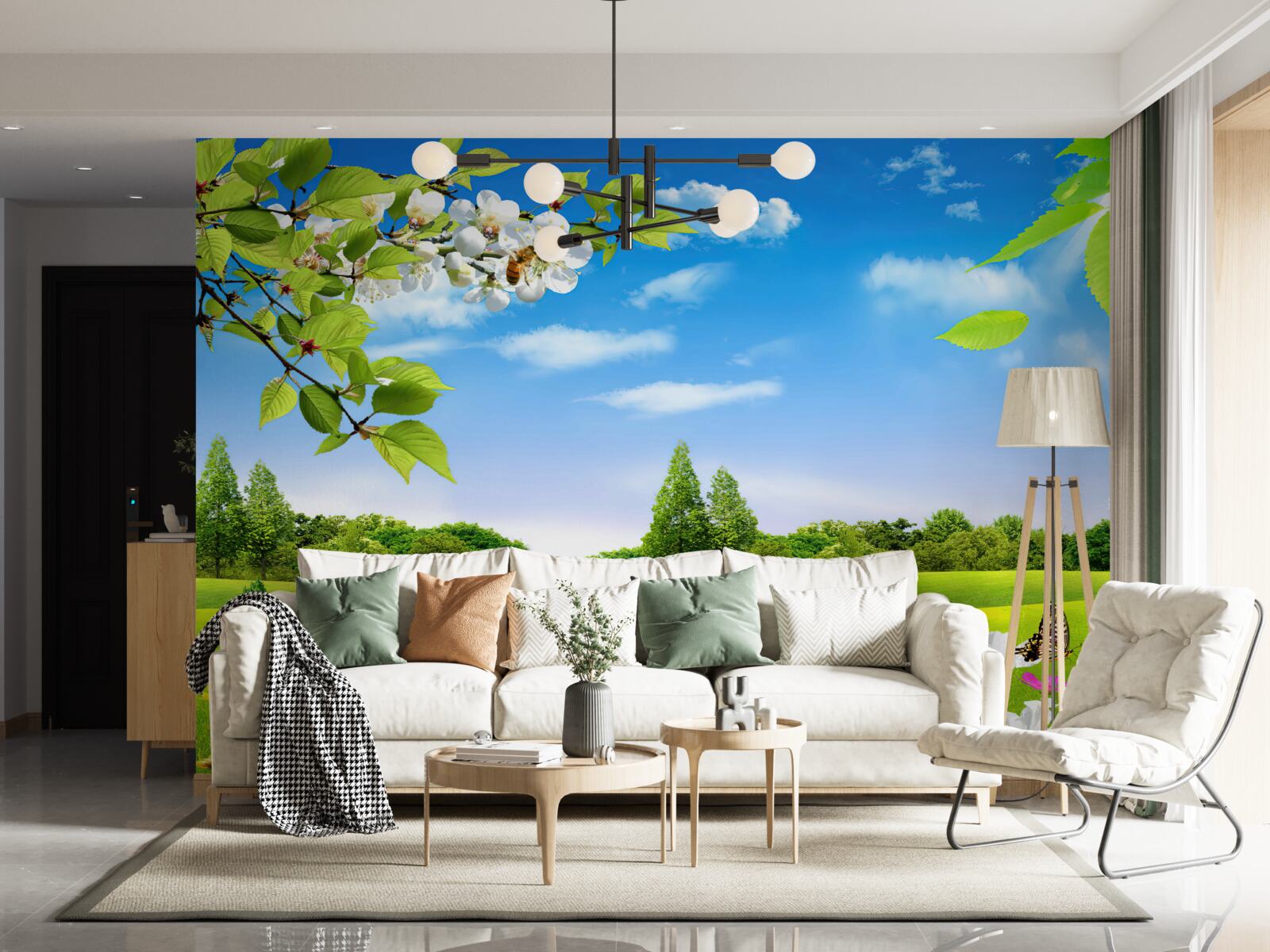 Papier peint pelouse verte et papillon