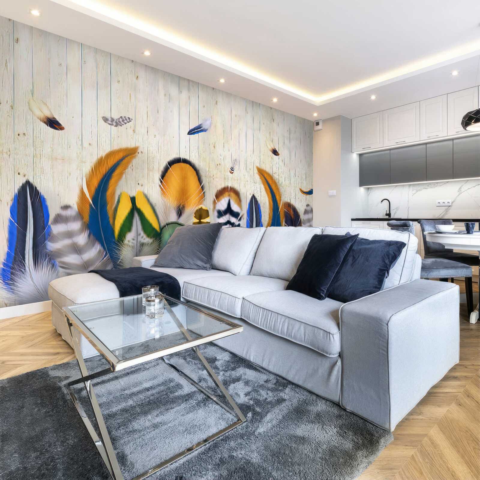 Papier peint plumes d'oiseaux de différents formats et nuances