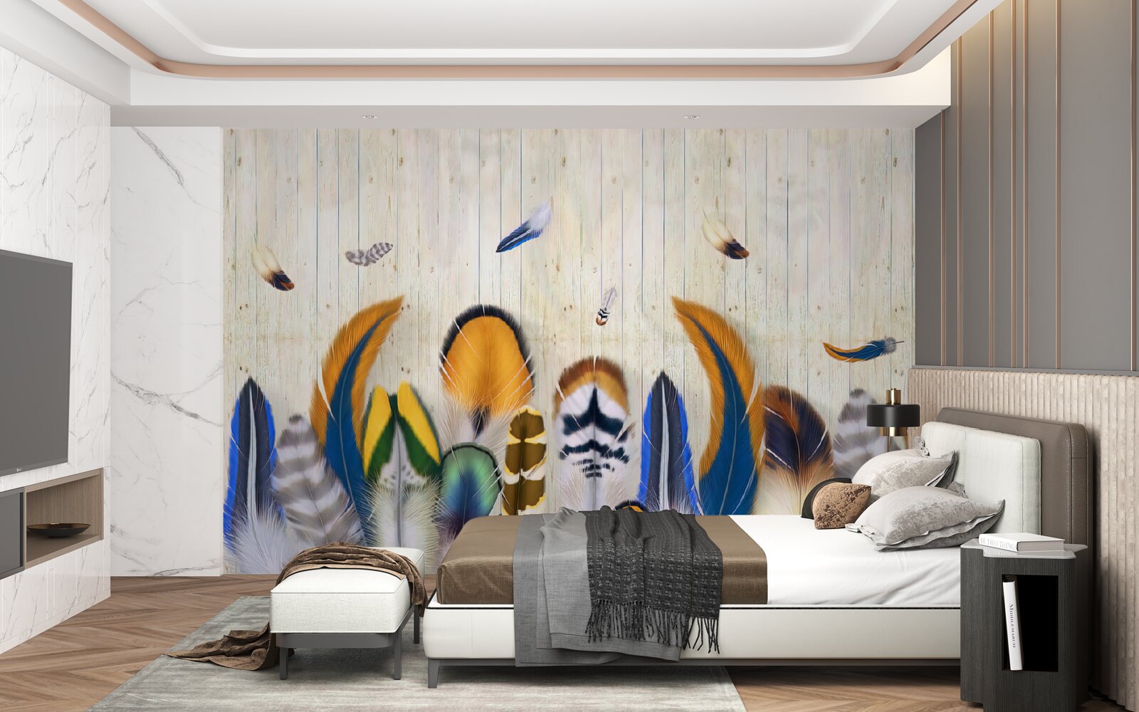 Papier peint plumes d'oiseaux de différents formats et nuances