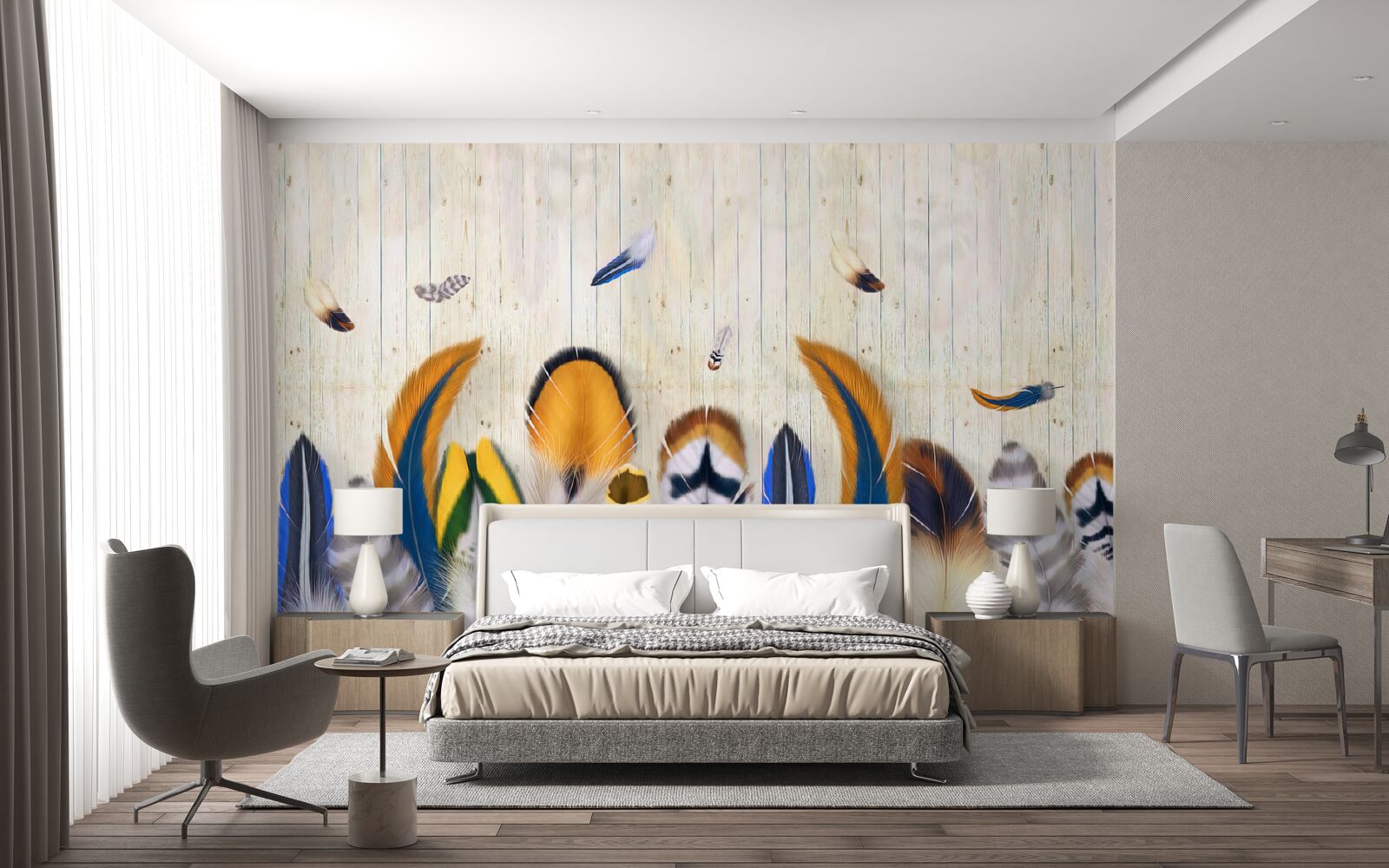 Papier peint plumes d'oiseaux de différents formats et nuances