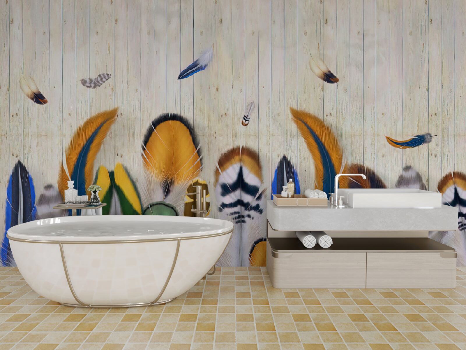 Papier peint plumes d'oiseaux de différents formats et nuances