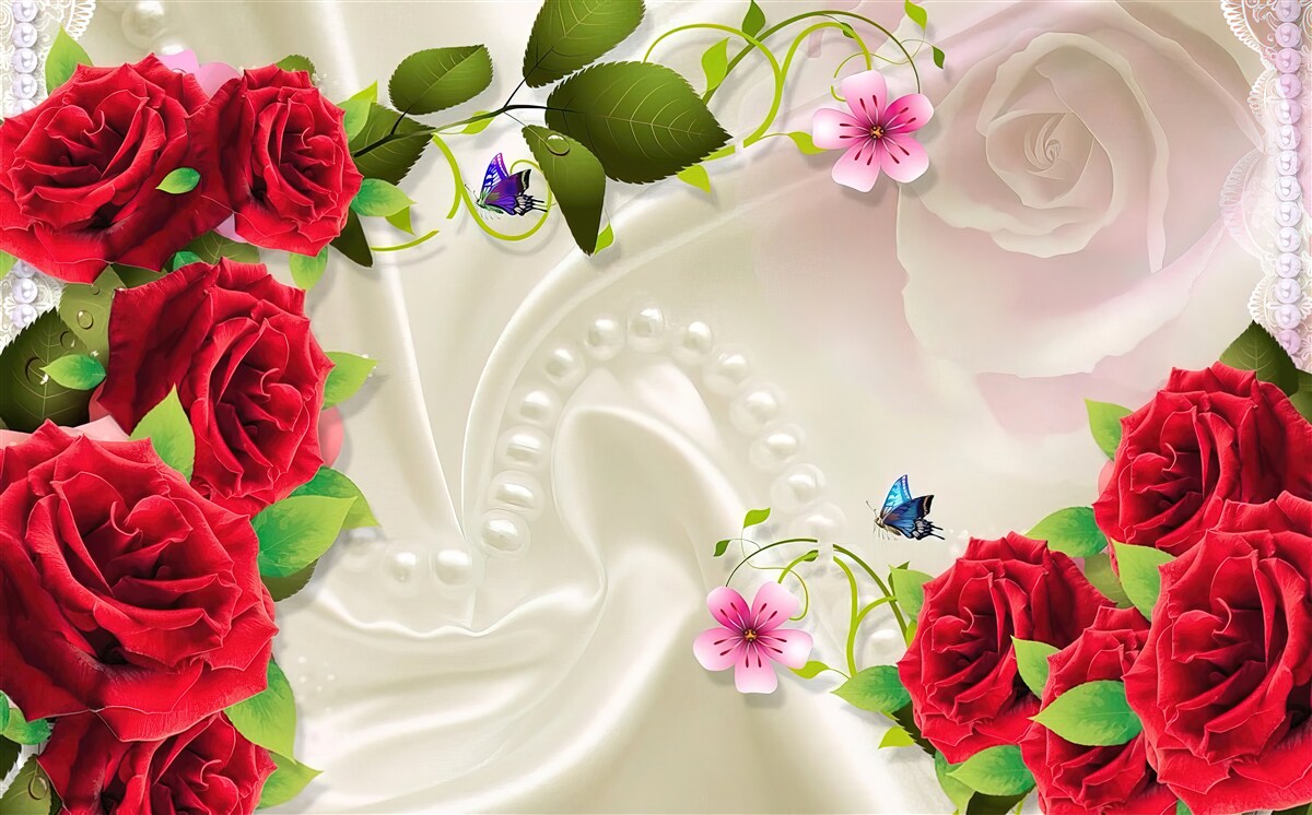 Papier peint roses écarlates sur tissu satiné blanc neige